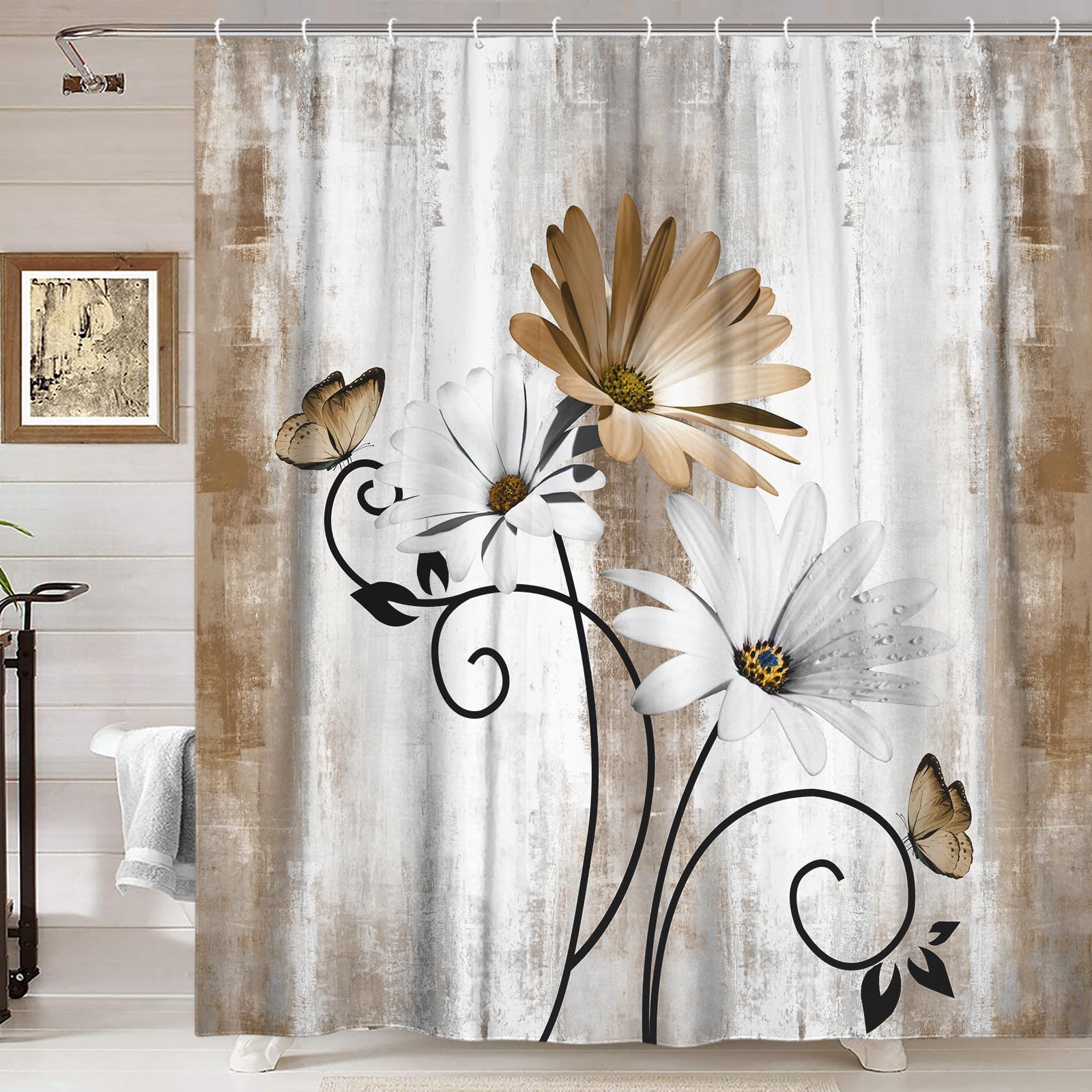 Veivian Rustic Farmhouse Shower Curtain, Farm Tan Cream Daisy Floral Flowers And Butterfly On Country Wooden Shower Curtain For