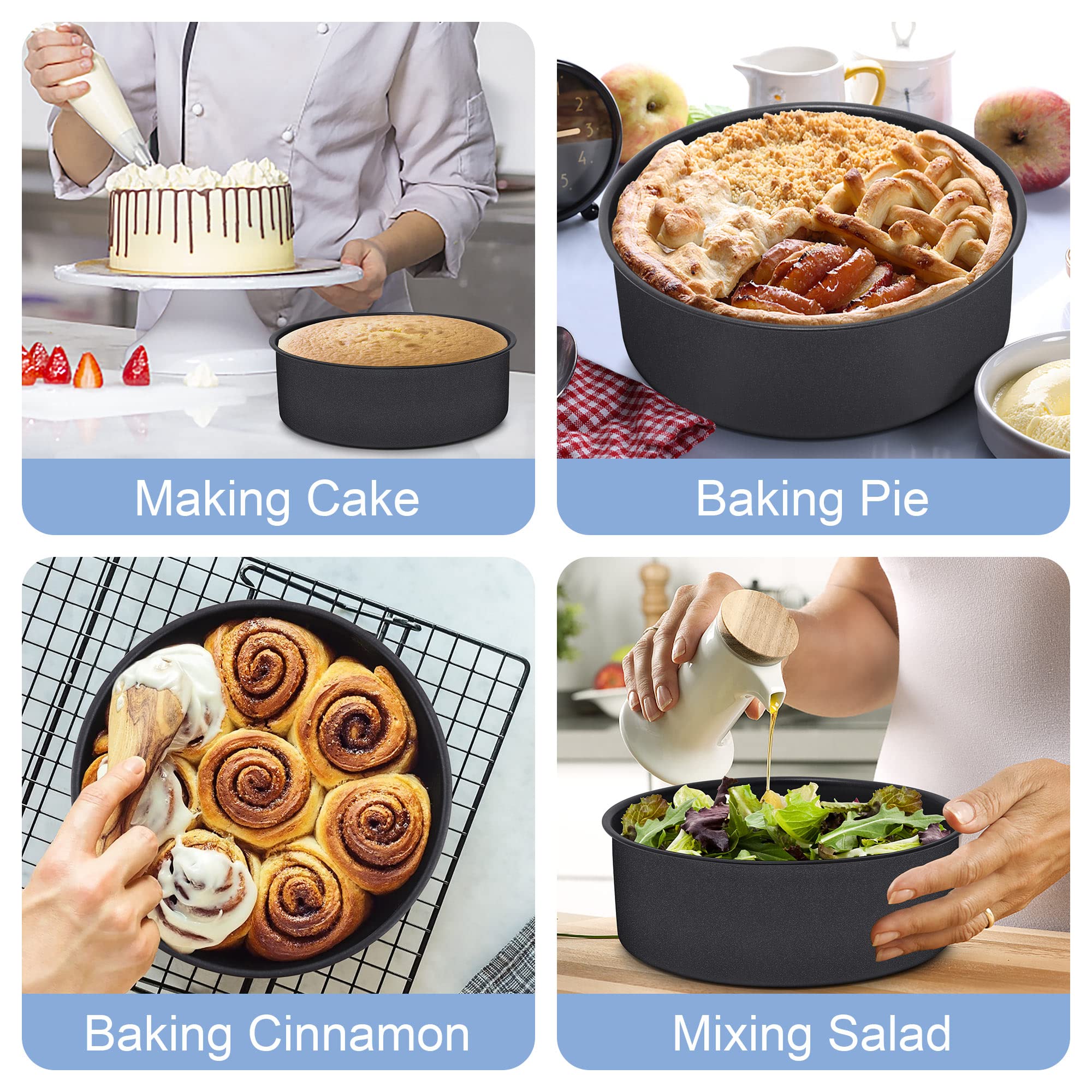 Teamfar 8 X 3 Inch Cake Pan Set, 2 Pcs Stainless Steel Black Non-Stick Coating Baking Round Cake Pan For Birthday Wedding Layer