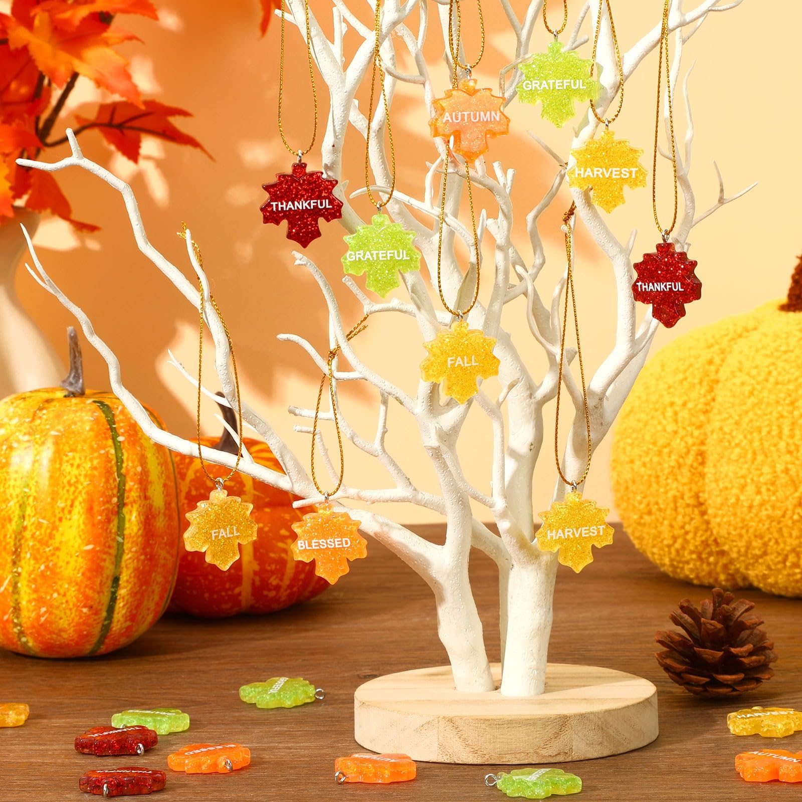 DTOFOOT 48Pcs Glitter Fall Maple Leaf Ornaments Resin Thanksgiving Hanging Ornaments for Small Tree Autumn Harvest Hanging Penda