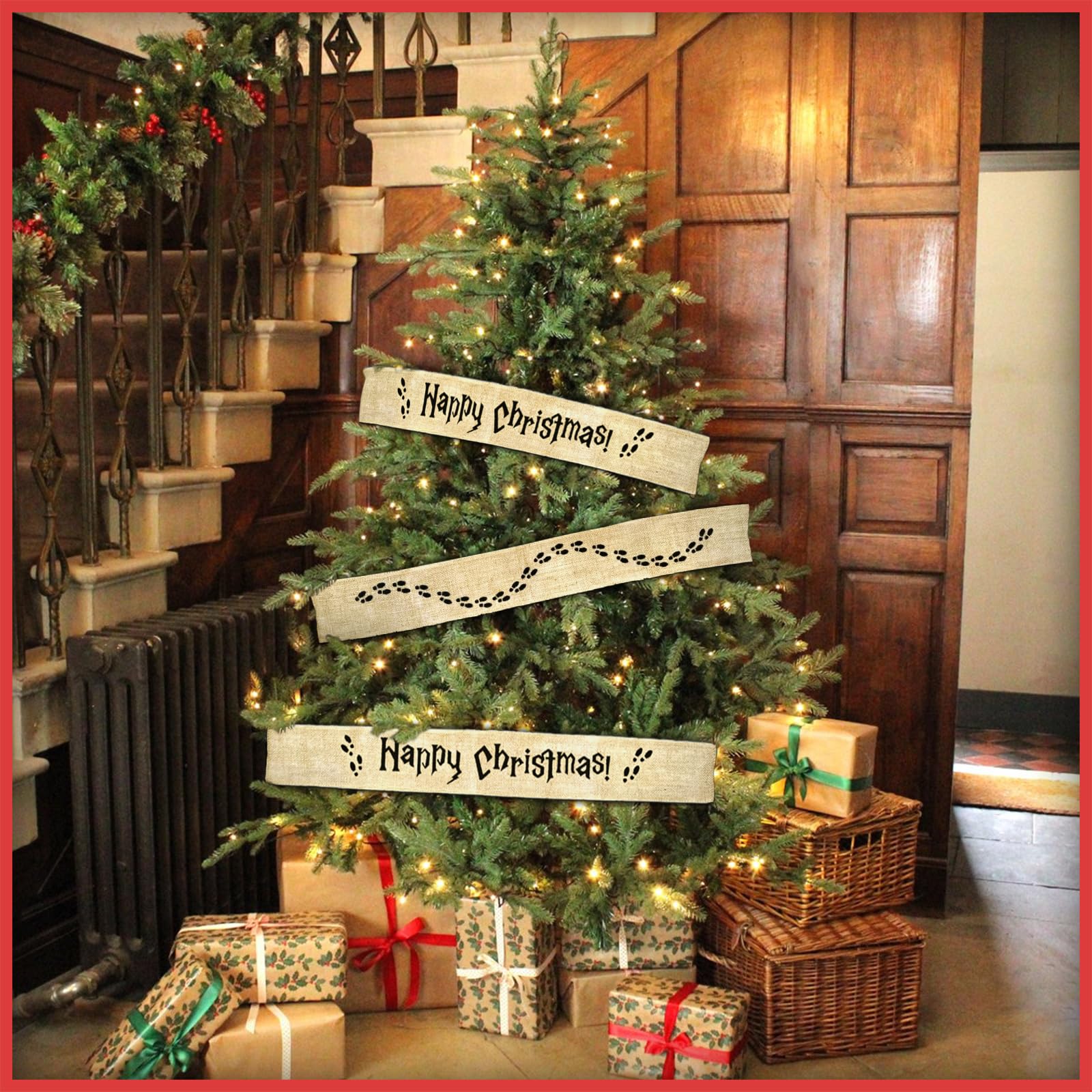 3Pcs Christmas Tree Decorations, Wizard Burlap Ribbon Wired Xmas Craft for Vintage Christmas Tree Ornaments