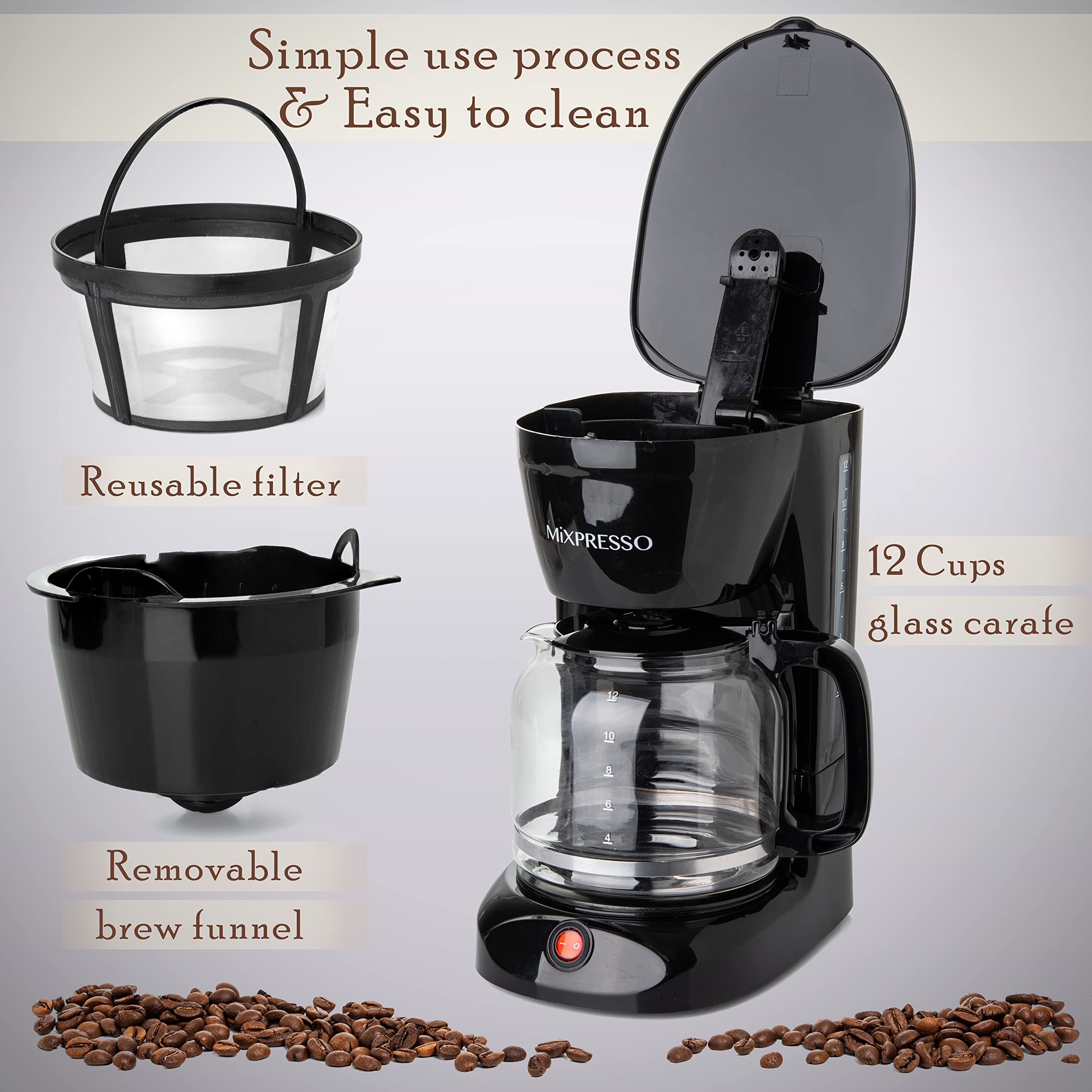 Mixpresso 12 Cup Coffee Pot, Auto-Off & Reusable Filter, Large Drip Coffee Maker 12 Cup Borosilicate Glass Carafe, Anti-Drip Cof