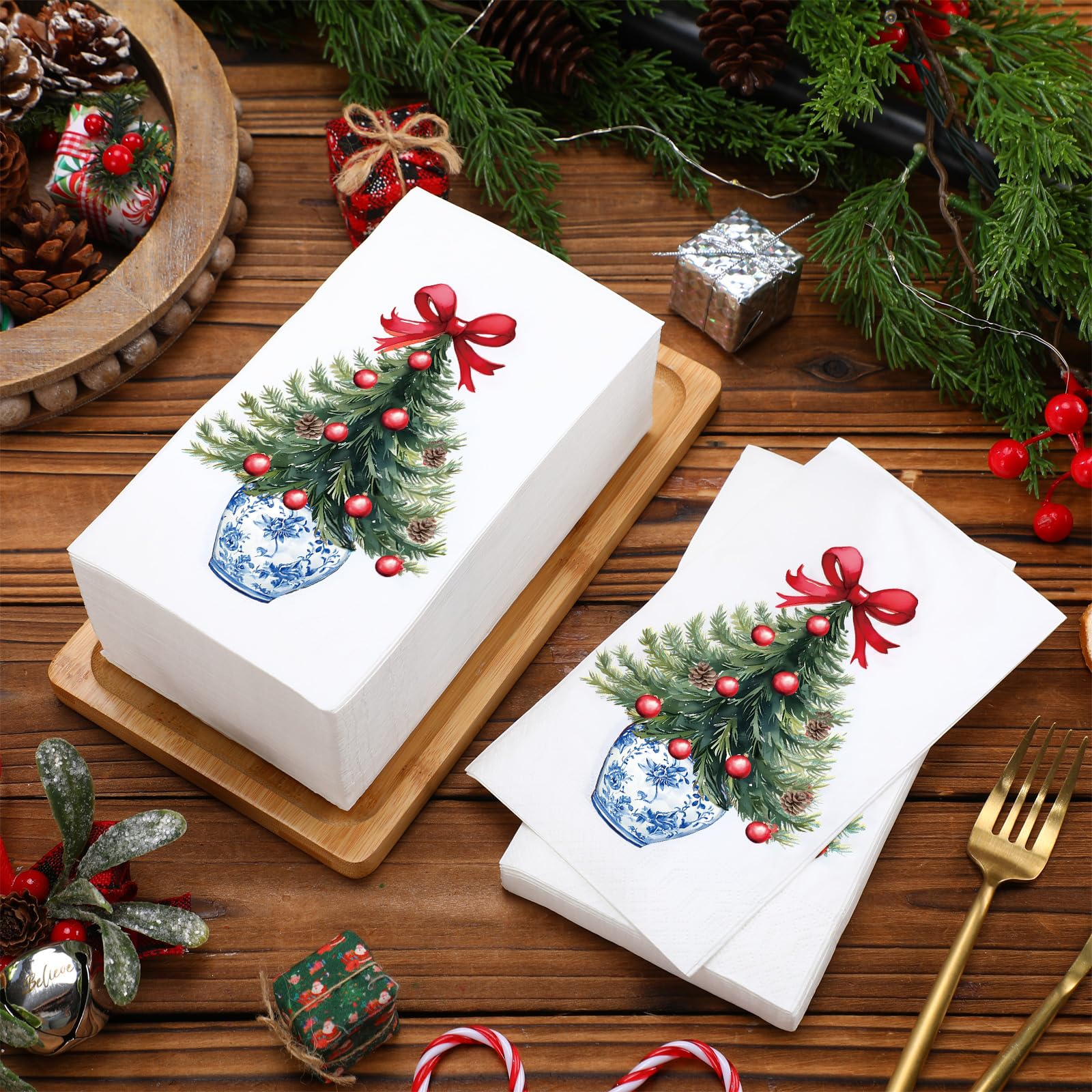 Jetec 200 Pcs Christmas Tree Disposable Hand Towels for Bathroom Chinoiserie Christmas Tree Paper Guests Napkins Decorative Disp