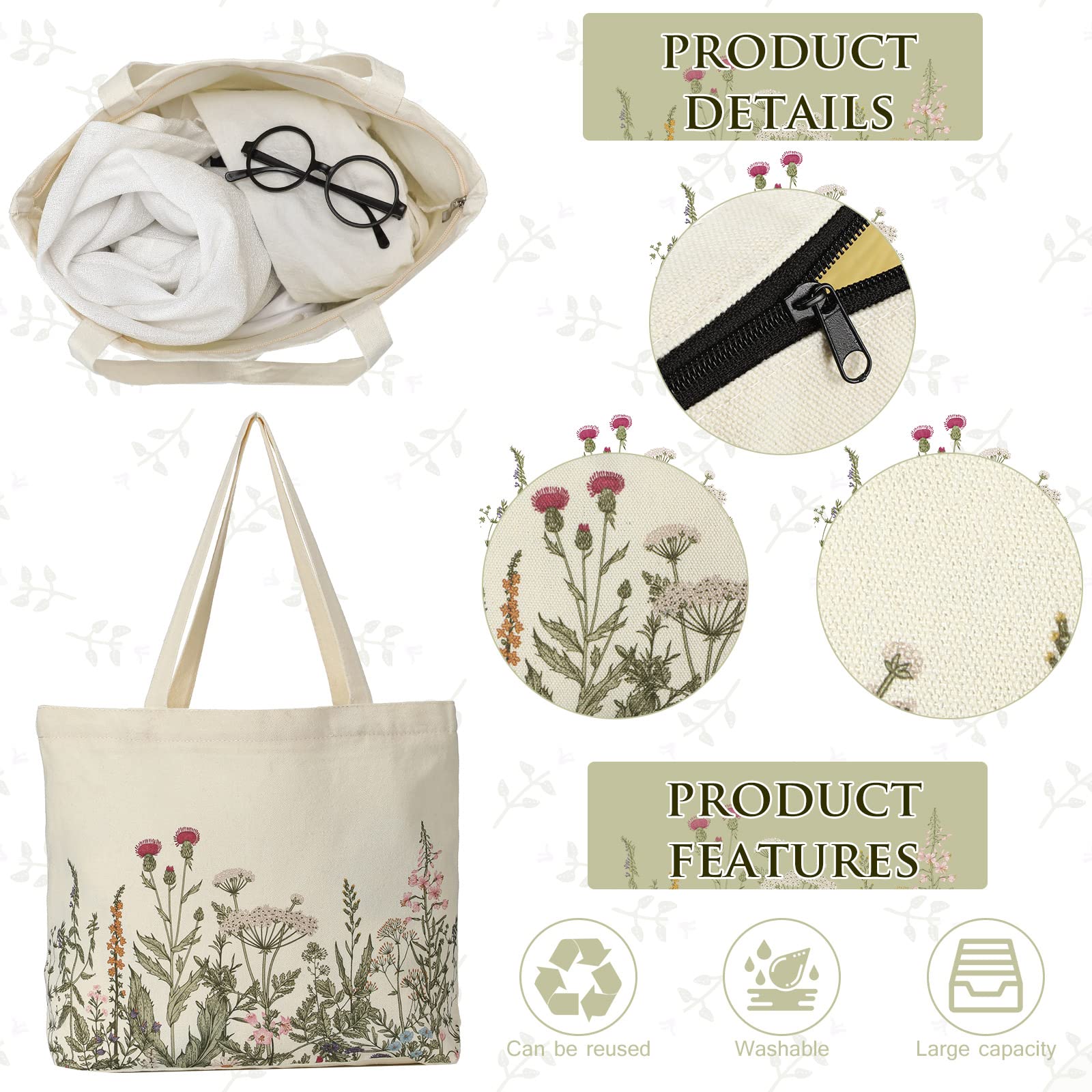 Sadnyy 2 Pcs Wildflower Canvas Tote Bags For Women Cute Aesthetic Floral Makeup Bags End Of School Year Gift For Students Teache