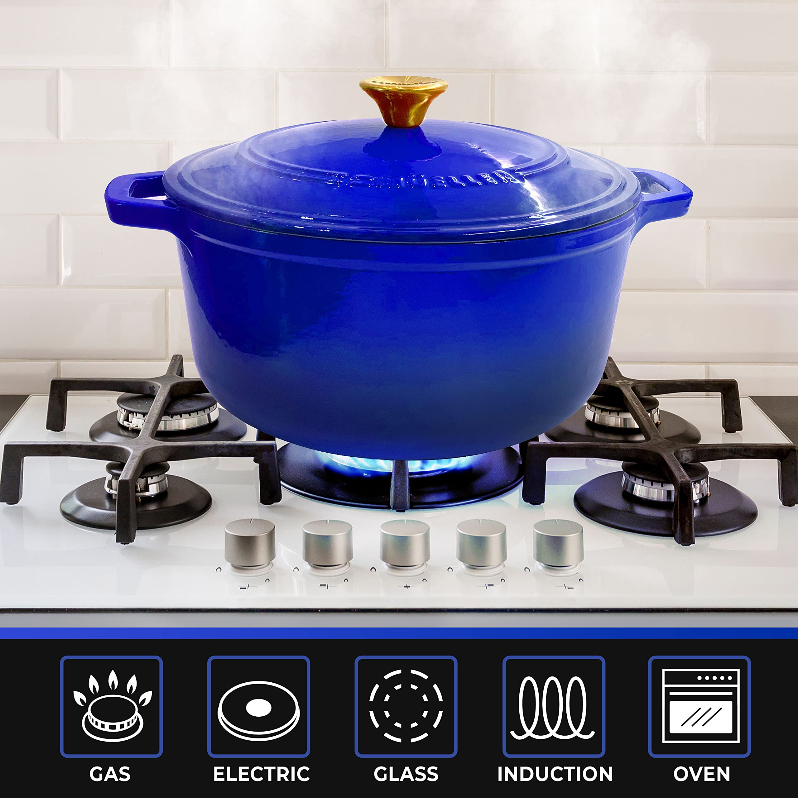 Mueller 6Qt Enameled Cast Iron Dutch Oven, Heavy-Duty Casserole And Braiser Pan With Lid And Knob, Safe For All Cooktops - Blue