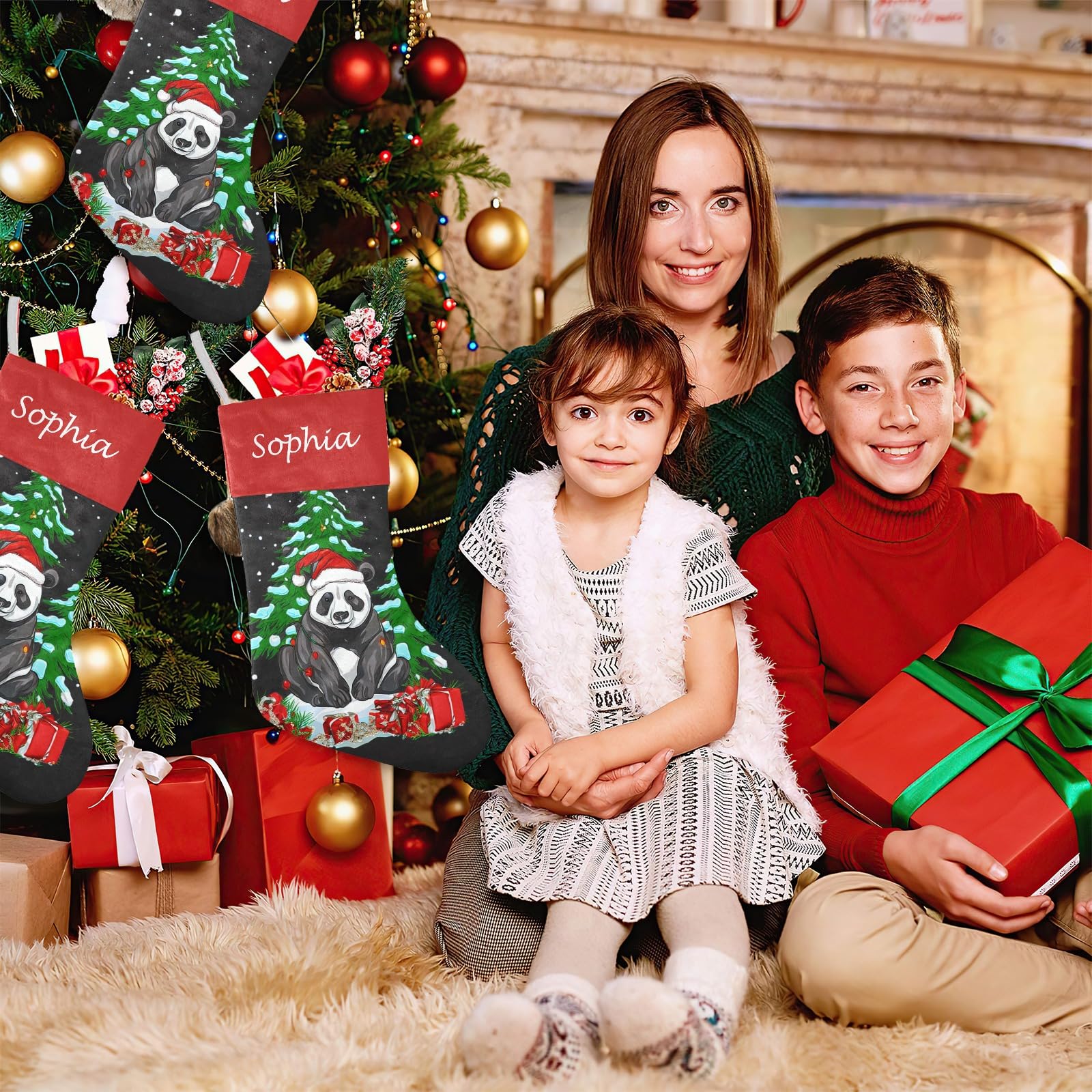 SunFancyCustom Custom Panda Animal Christmas Tree Hat Christmas Stocking Personalized with Name Xmas Family Holiday Birthday Gif