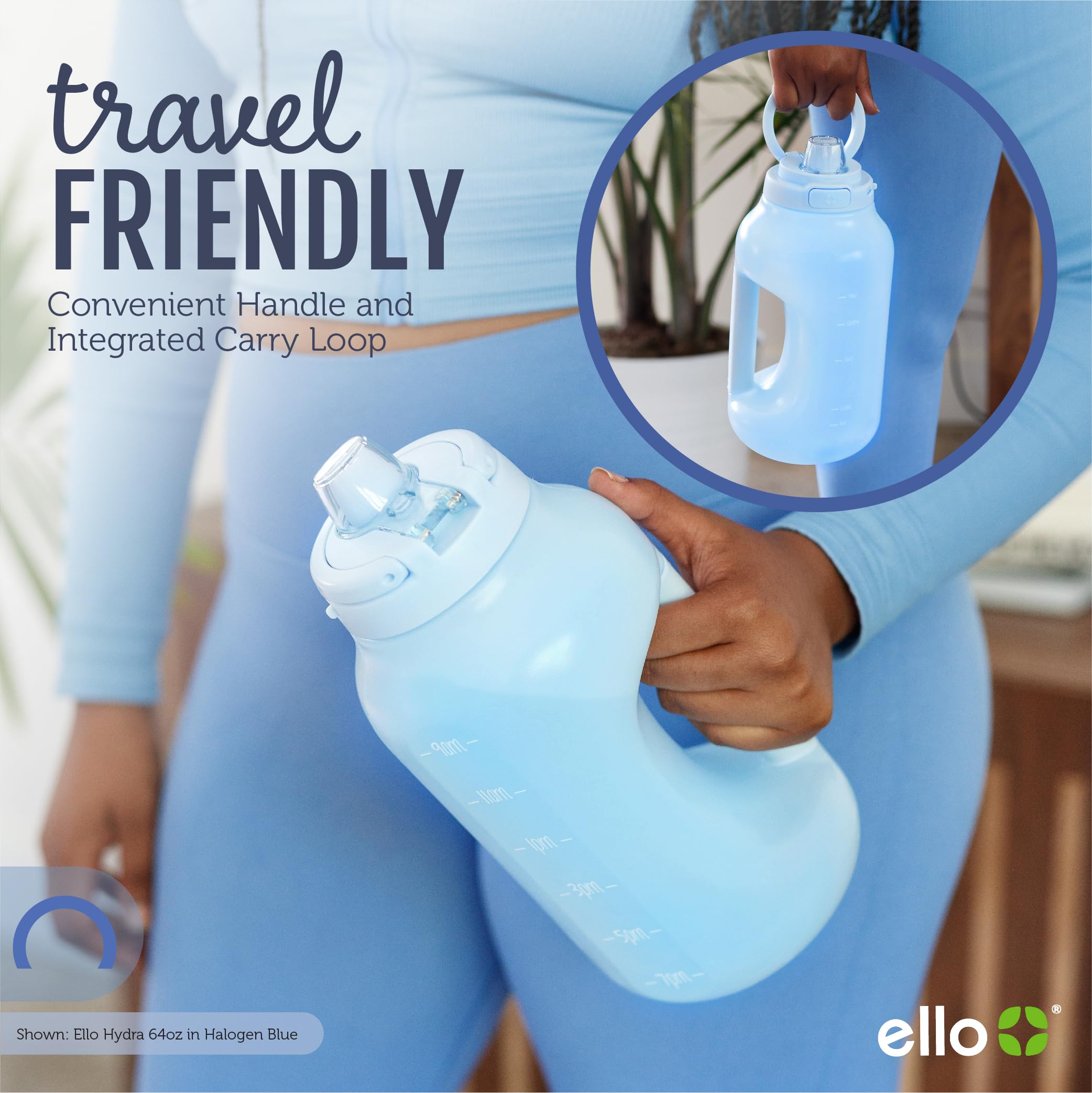 Ello Hydra 64Oz Half Gallon Water Jug With Handle And Motivational Time Markers For All Day Hydration, Plastic Reusable Water Bo