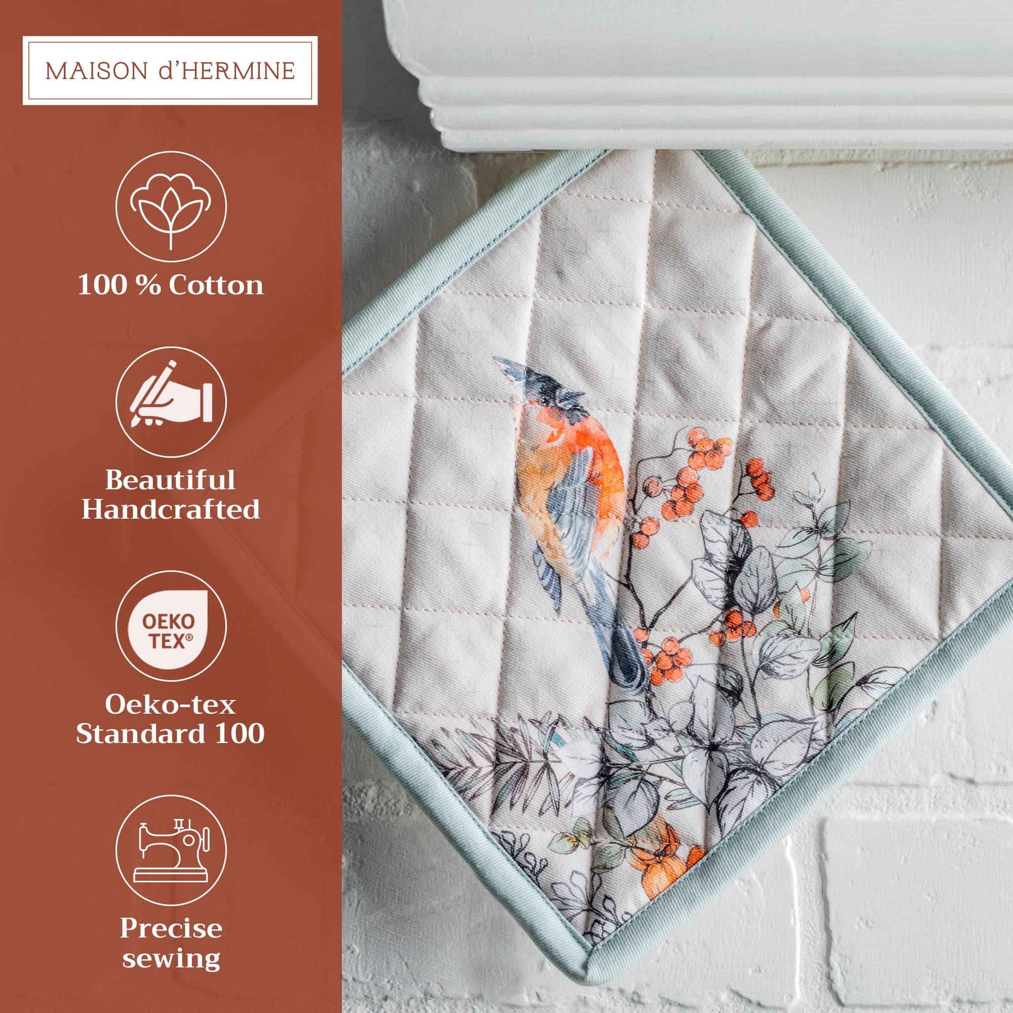 Maison d' Hermine Hot Pads 100% Cotton Pot Holders with Hanging Loop Potholder  Heat Resistant for Gifts  BBQ  Grilling & Barbeque  Whitish Shabby Chique - Thanksgiving/Christmas (8''x8'')