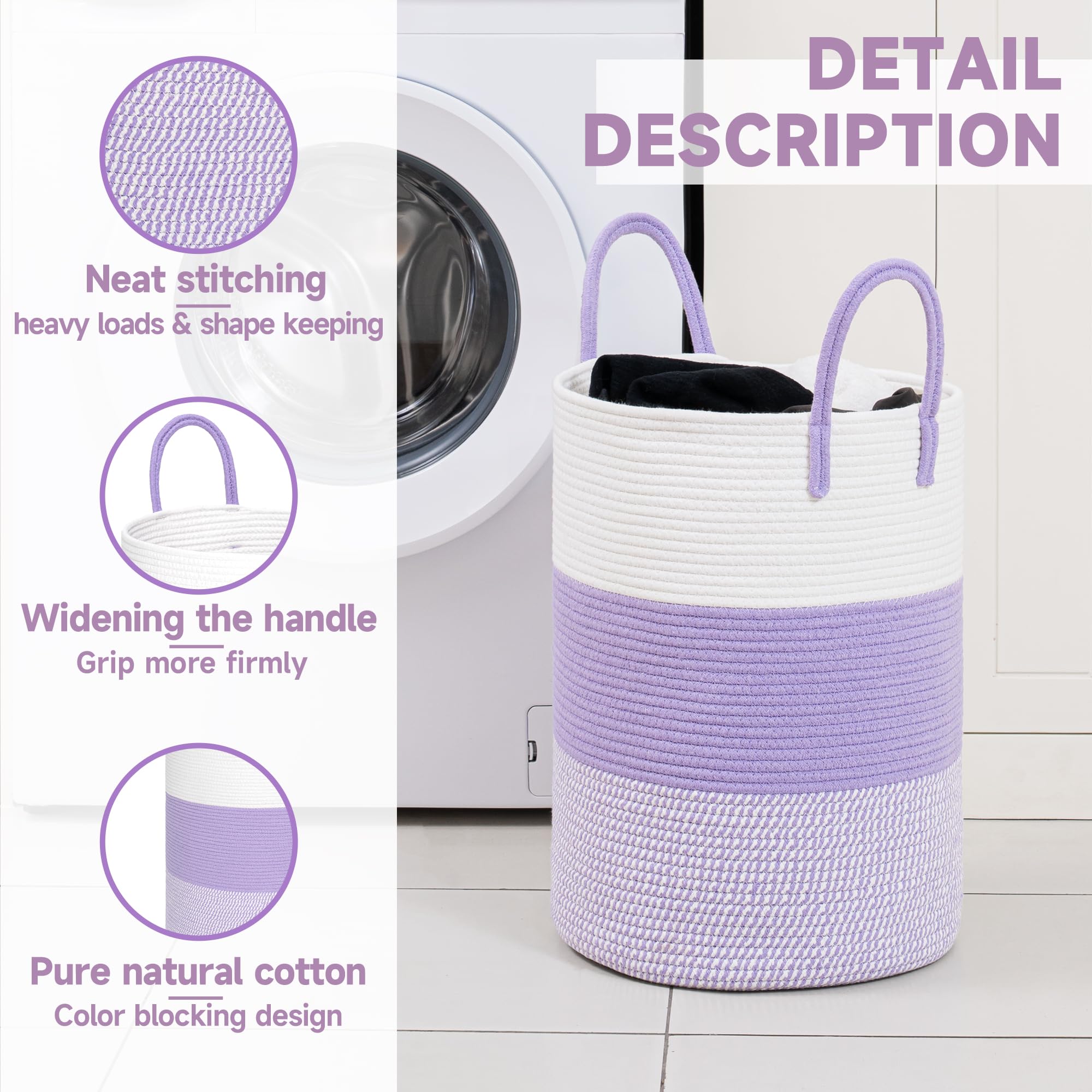 Clhmily&Z 40L Laundry Basket Round Storage Rope Basket - 13X18 Inches - Lavender Hamper In Bedreoom And Cute Storage Bin For Bla