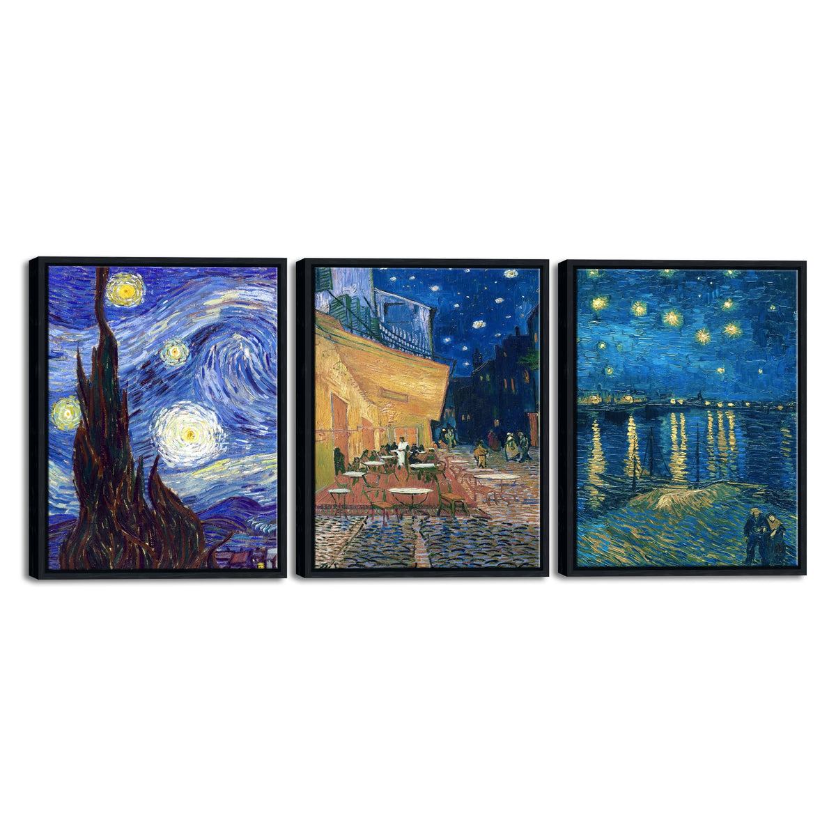 Wieco Art Framed 3 Panels Canvas Prints Of Vincent Van Gogh Paintings Reproduction Starry Night Over The Rhone Cafe Terrace At N