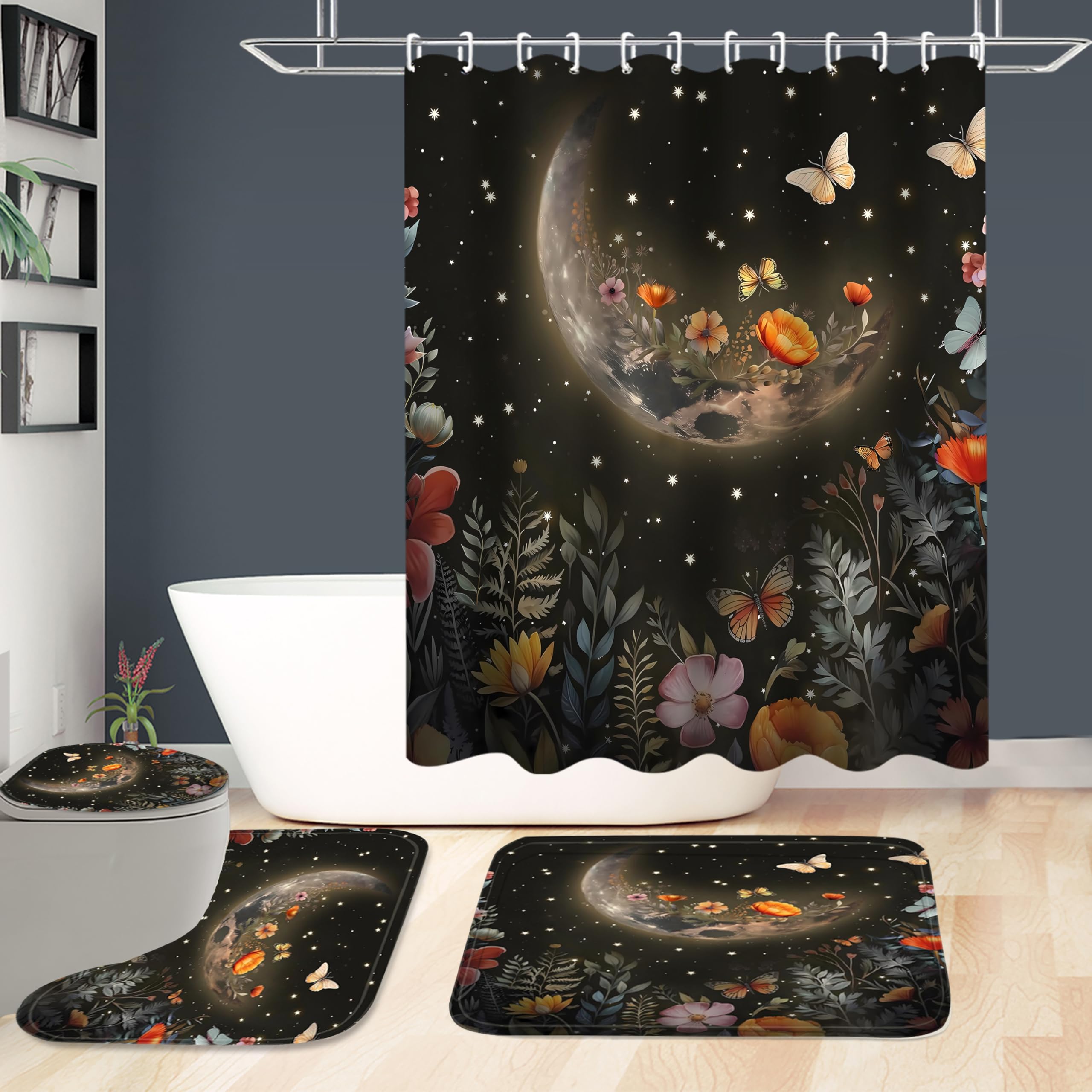 Xswpl Shower Curtain Set 4 Pcs Black Moon Bathroom Sets With Shower Curtain And Rugs Bathroom Decor Set Black Shower Curtain Wit