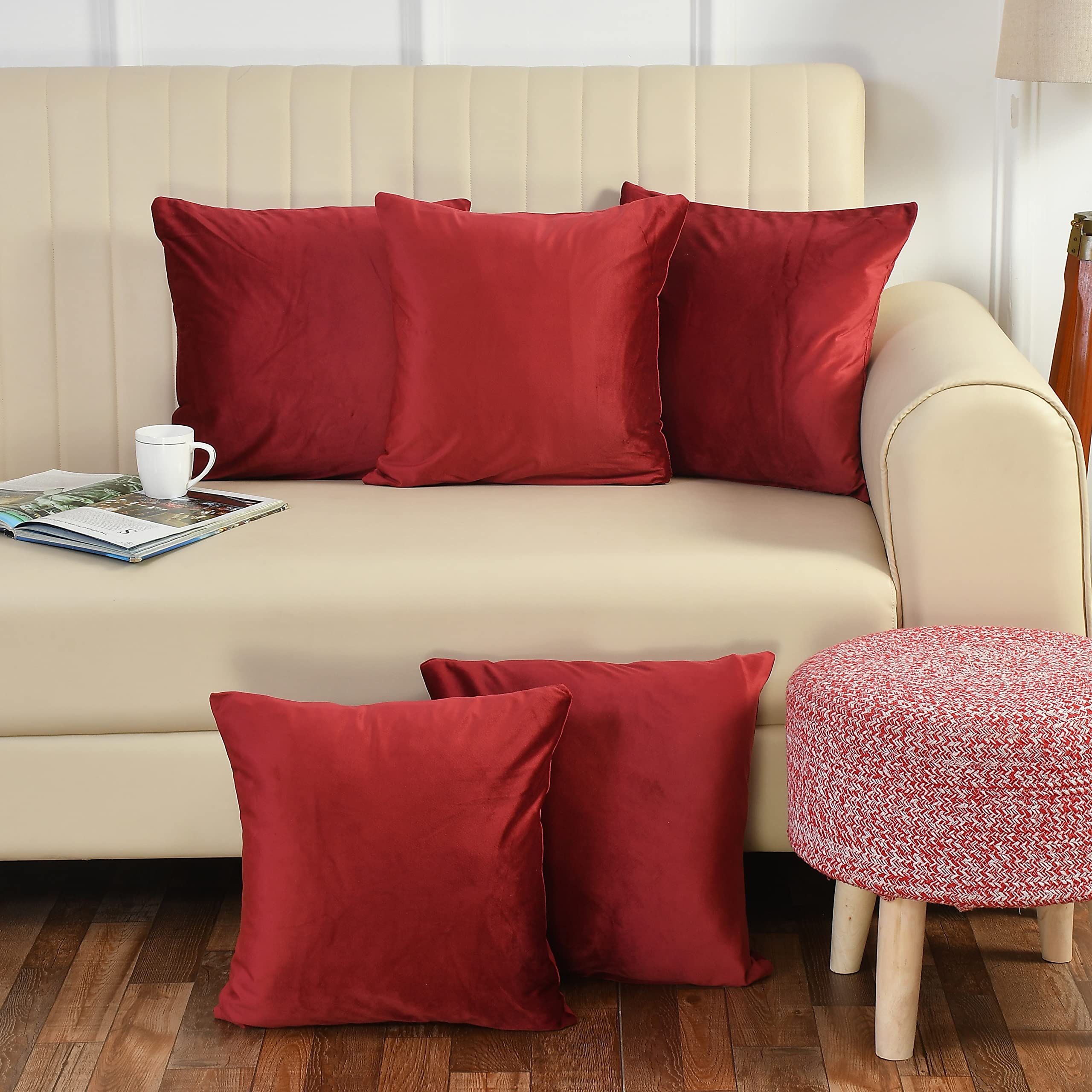 Stuffique Velvet Throw Pillow Cover Solid Plain Cushion Covers Set Of 5 For Sofa Couch Bed Chair 12 X 12 Inch, Red