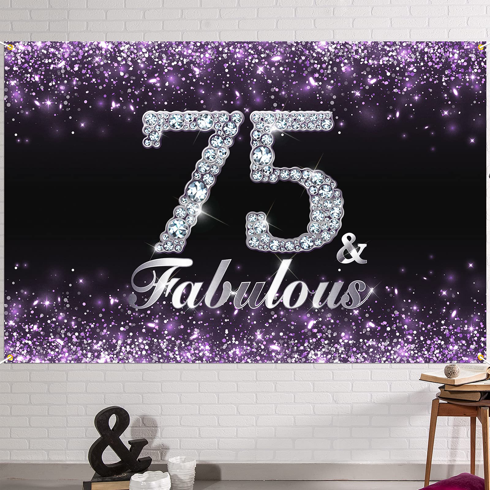 Hamigar 6X4Ft Happy 75Th Birthday Banner Backdrop - 75 & Fabulous Birthday Decorations Party Supplies For Women - Purple