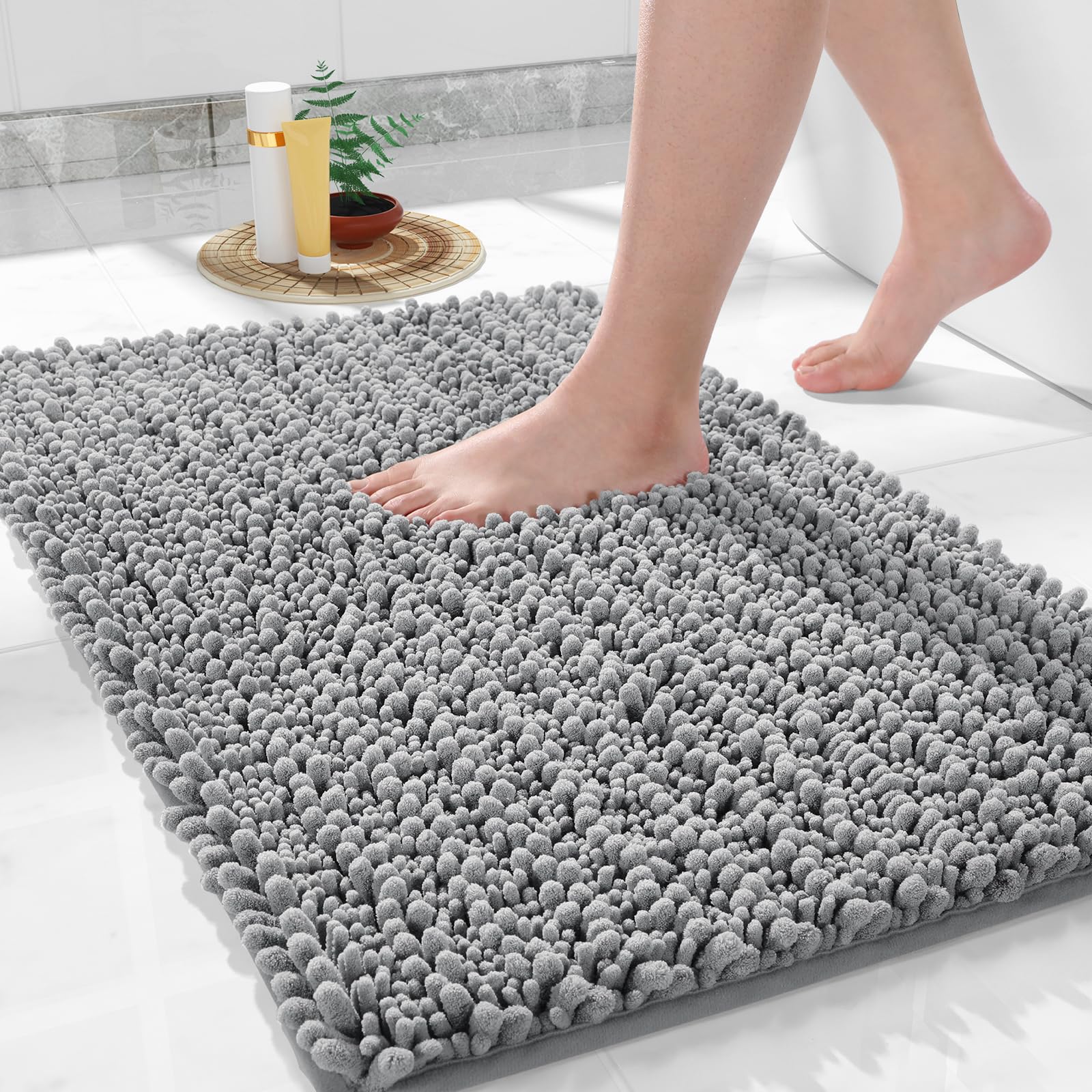 Yimobra Bathroom Rug Mat, 24'' X 17'', Luxury Chenille Shaggy Bath Rugs, Extra Soft & Thick, Absorbent Water, Non-Slip, Machine