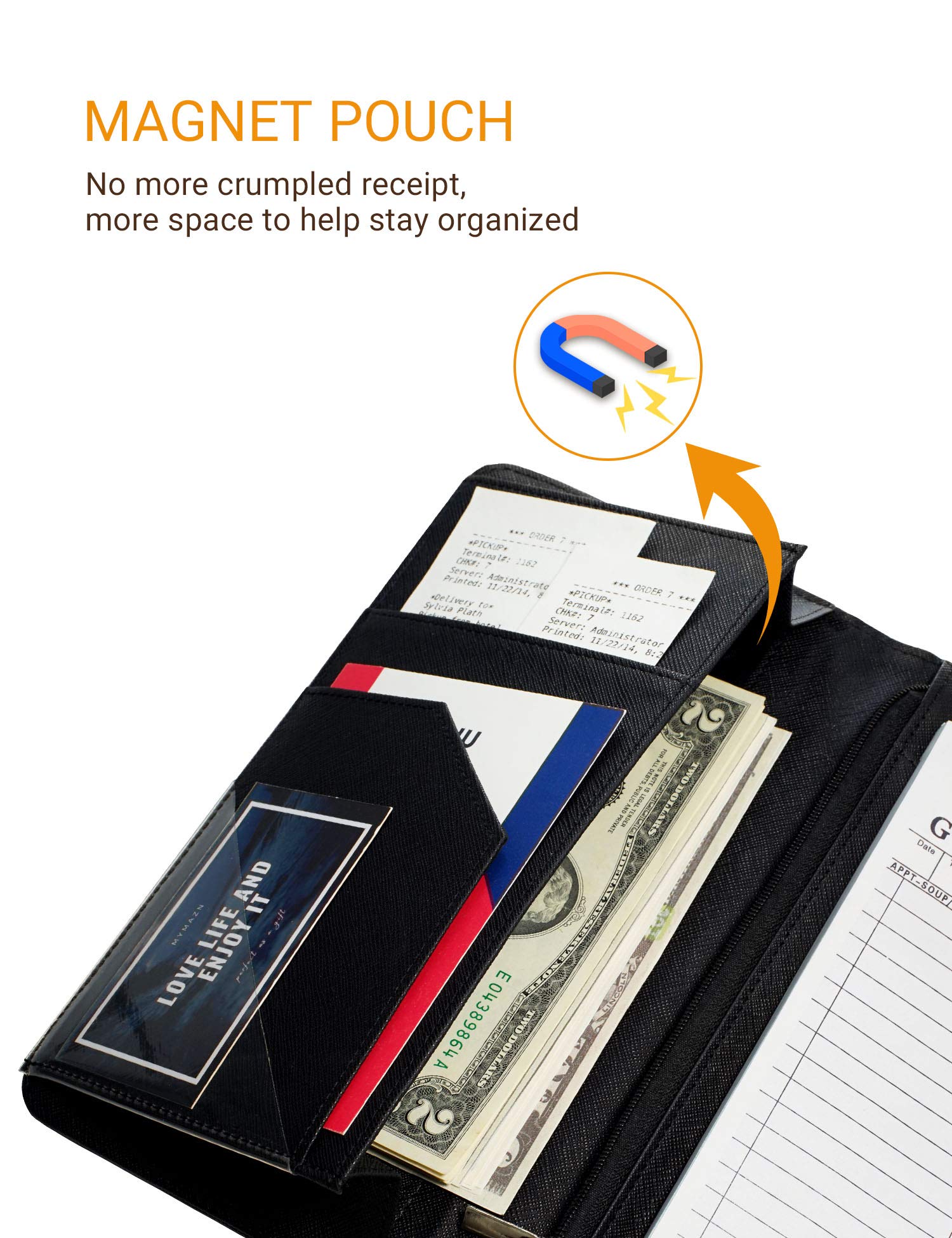 Server Book with Zipper and Magnetic Pocket Waitress Book Waiter Book Wallet Restaurant Waitstaff Organizer Fit Server Apron with Money Pocket 4.7'' X 9'' (Big Capacity with Magnetic Closure)