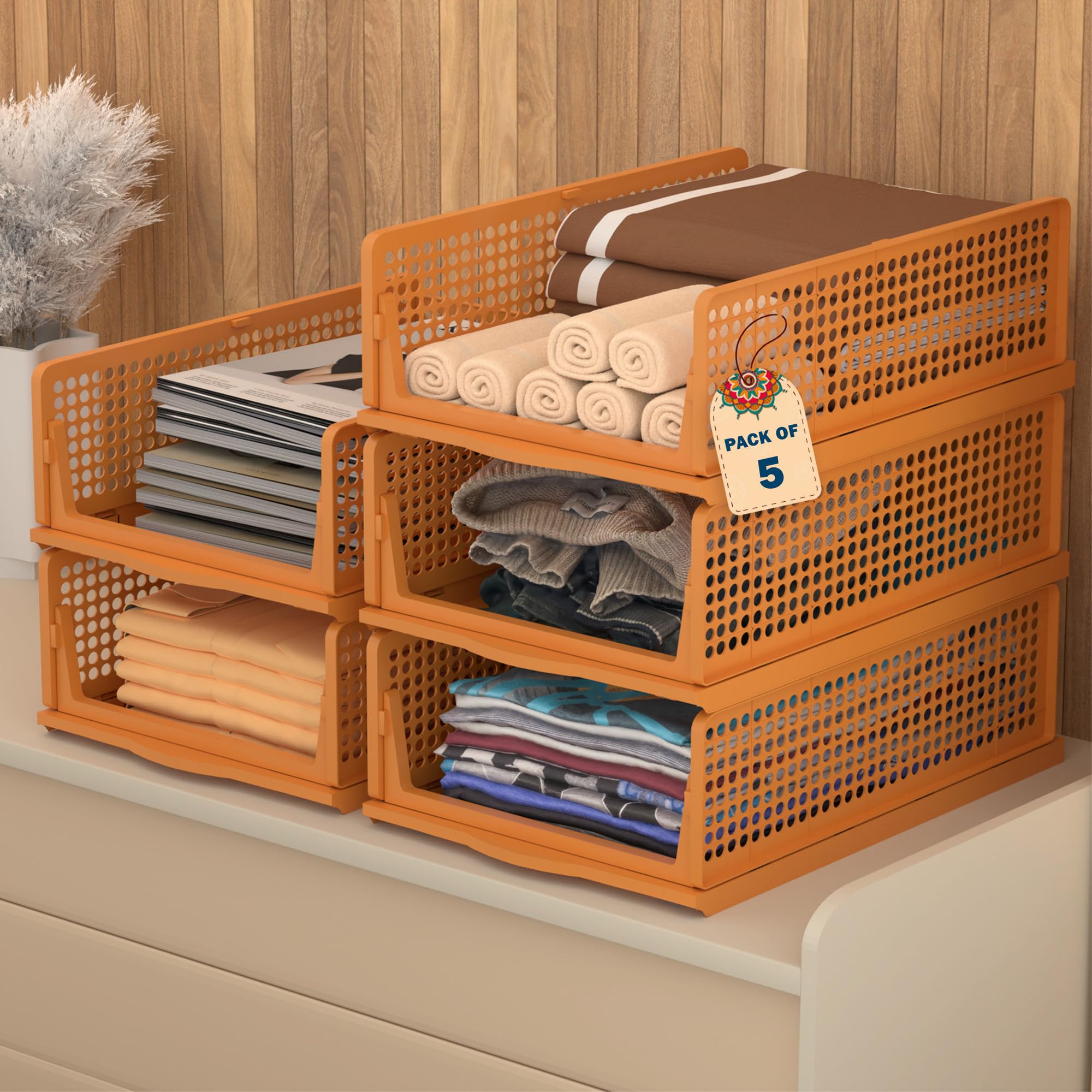 Kuber Industries Pack Of 5 Plastic Stackable Cloth Organizer For Storage | Foldable Clothes Rack For Wardrobe | Almirah & Cupboa