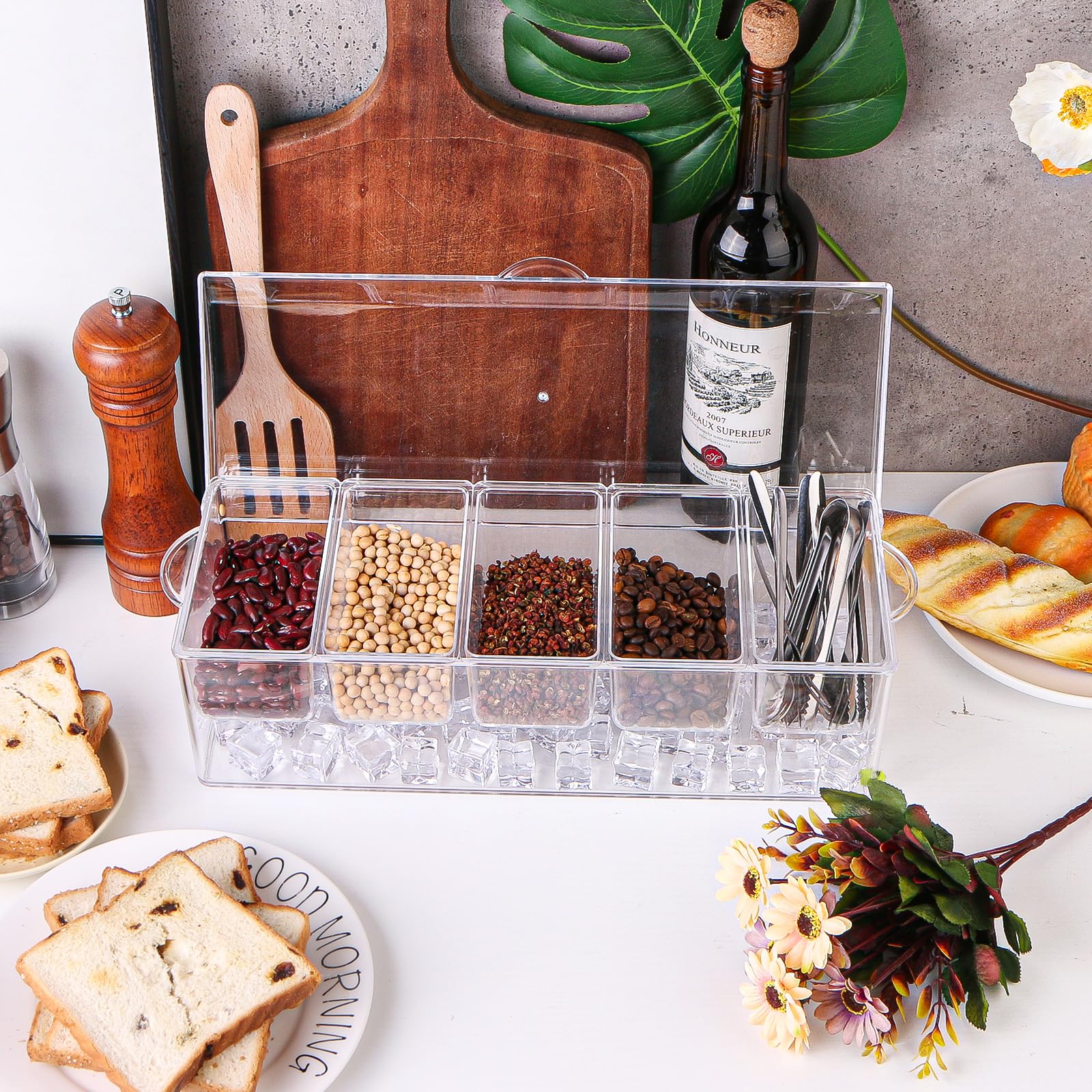 Darckle 5 Compartment Condiment Server, Ice Chilled Condiment Containers With Hinged Lid Chilled Caddy With 5 Removable Dishes A