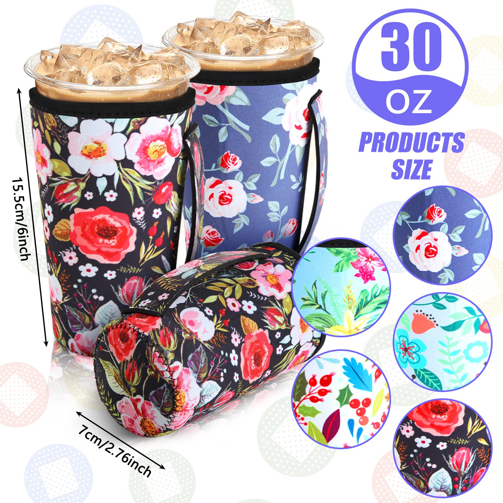 Chengu 5 Pack Iced Coffee Sleeve Flower Patterned Insulator Sleeves Reusable Sleeves For Coffee Neoprene Cup Holder For Cold Dri