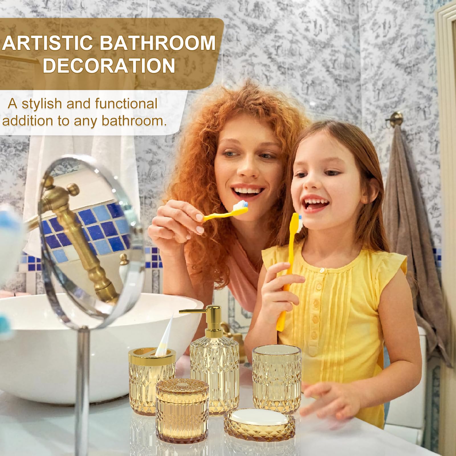 Brown Bathroom Accessory Set 5Pcs - Amber Glass Bathroom Accessories With Toothbrush Holder Set, Soap Dispenser, Soap Dish, Tumb