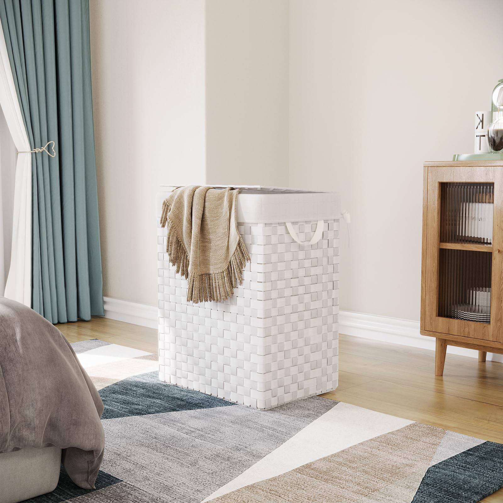 Fiona's magic Laundry Hamper Basket with Lid  Handwoven 90L Large Clothes Hamper with Removable Liner Bags  Collapsible White Tall Hamper for Bathroom  Bedroom and Dorm Room Organizer
