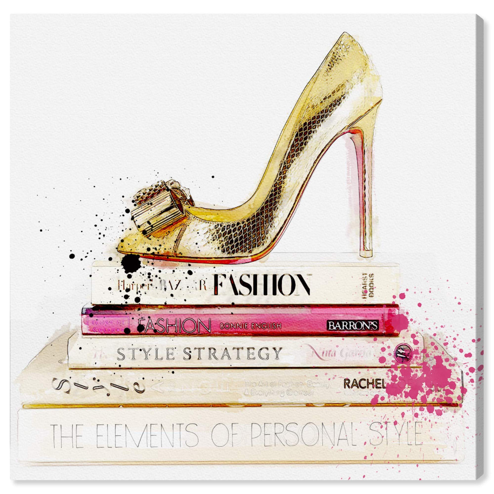 Gold Shoe And Fashion Books By Oliver Gal | Contemporary Premium Canvas Art Print. The Fashion Wall Art Decor Collection. 16X16