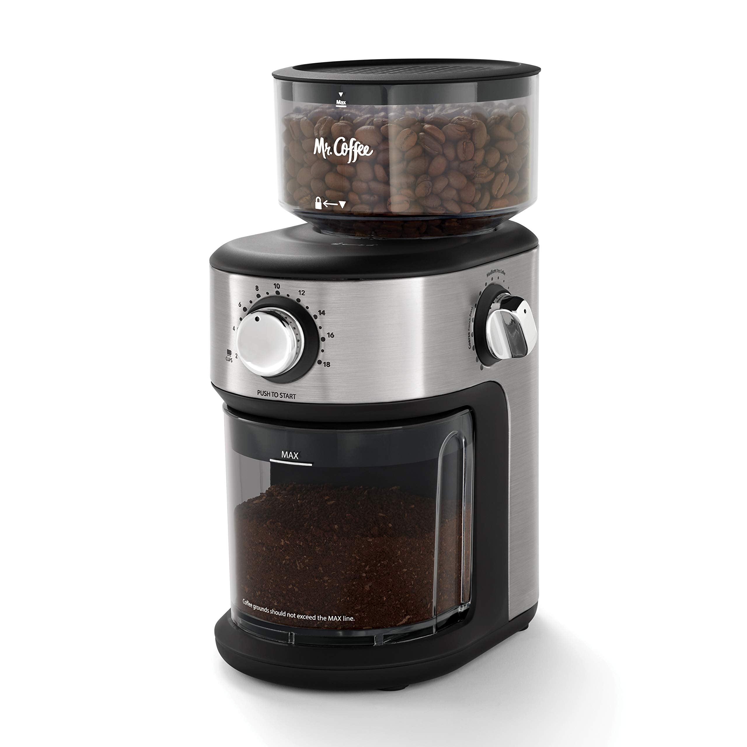 Mr. Coffee Burr Coffee Grinder, Automatic Grinder with 18 Presets for French Press, Drip Coffee, and Espresso, 18-Cup Capacity, 