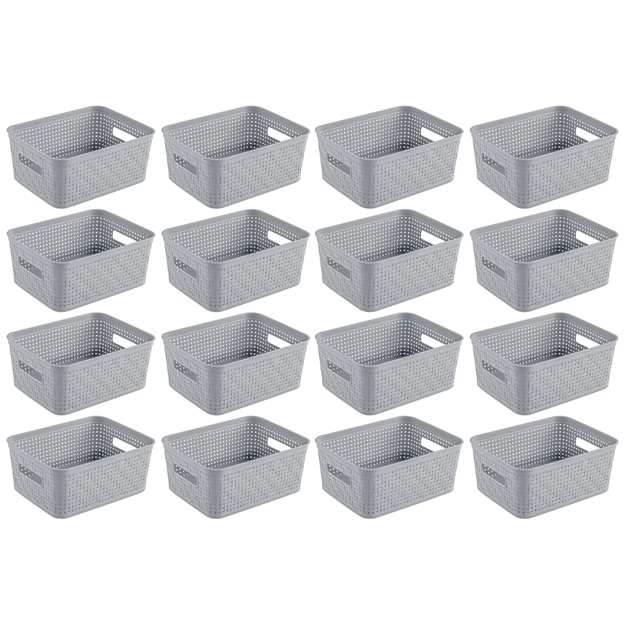 Sterilite 16 Pack Plastic Storage Bin Organization Containers, Short Baskets, Cement