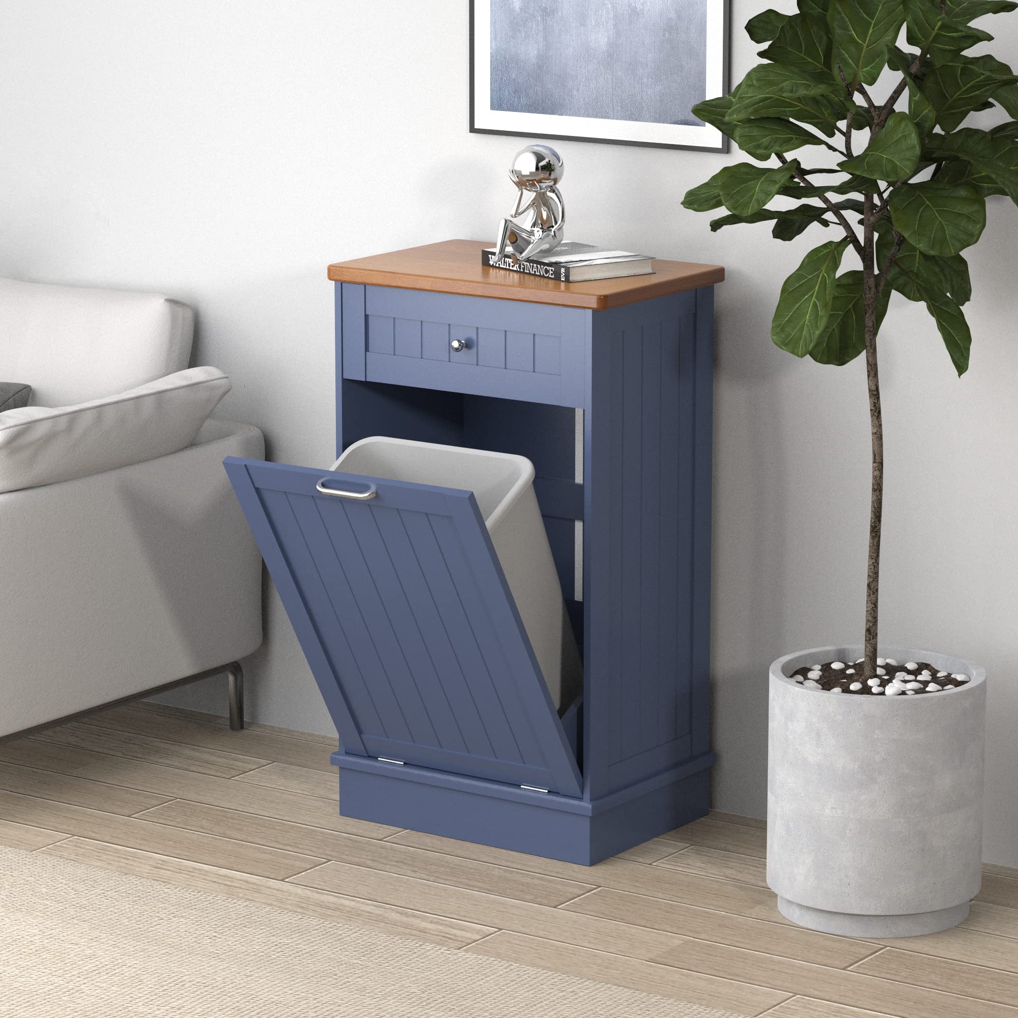 Betterhood Tilt Out Trash Cabinet 10 Gallon Wooden Free Standing Laundry Sorter Cabinet,Recycling Cabinet With Hideaway Drawer,T