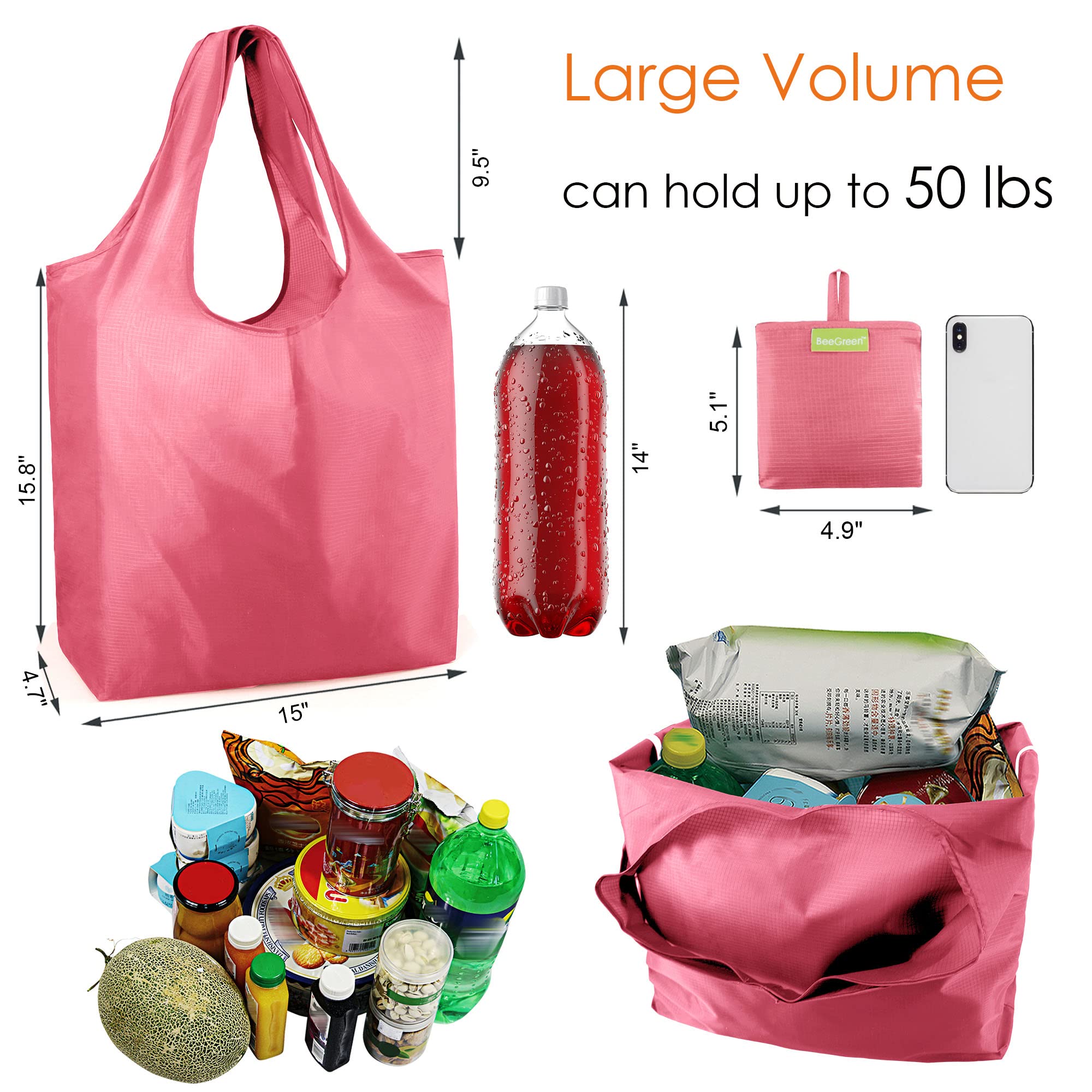 BeeGreen Pink Reusable Grocery Bags with Elastic Band Pink Reusable Shopping Bags Bulk 50LBS X-Large Foldable-Machine Washable-H