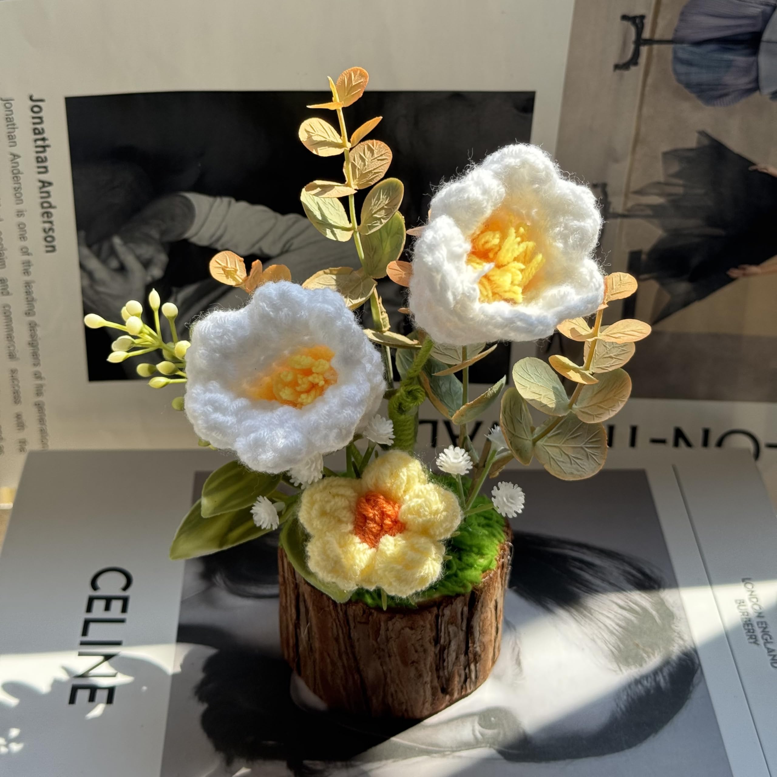 Crochet Flowers Lily of The Valley Bouquet Creative Knitted Potted Plant Mini for Dashboard Decoration Home Desktop Decorations