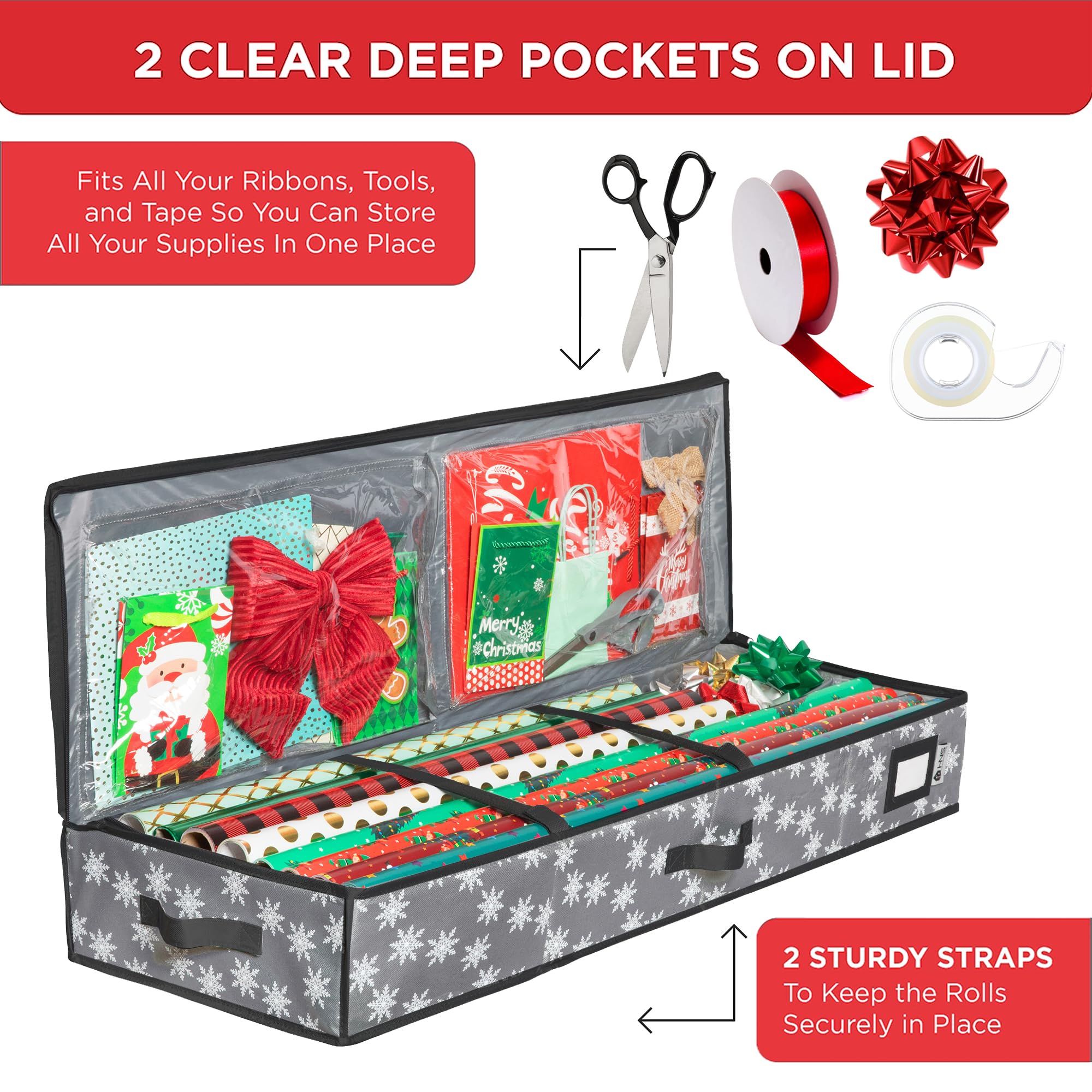 HOLDN’ STORAGE Premium Wrapping Paper Storage Container, 600D Tear-Proof, Fits 27 Rolls, Grey/White Snowflakes, Model HS-6444021077