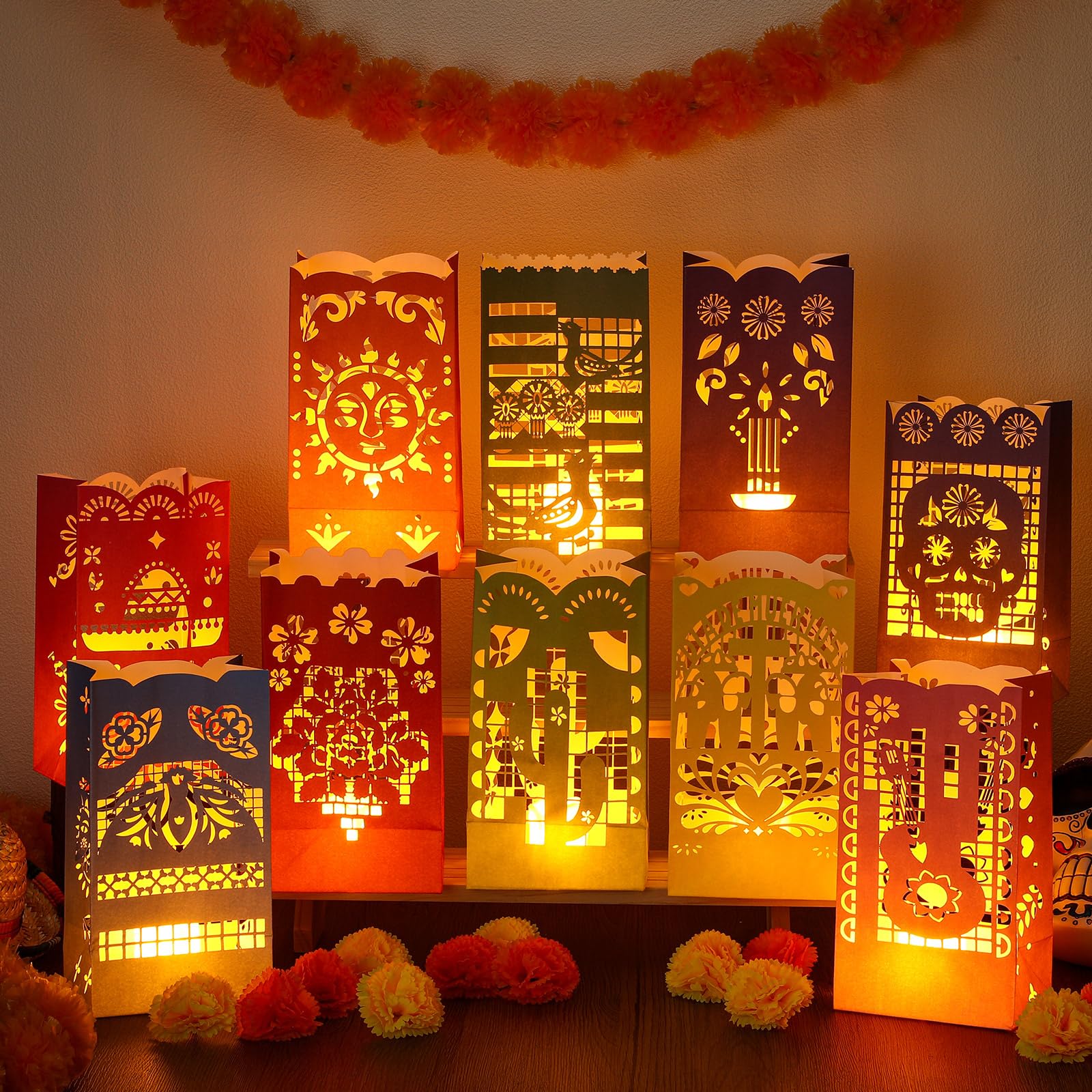Sayglossy 50 Pieces Dia De Los Muertos Luminary Bags Decorations, Halloween Day of the Dead Candle Goodie Bags Flame Resistant M