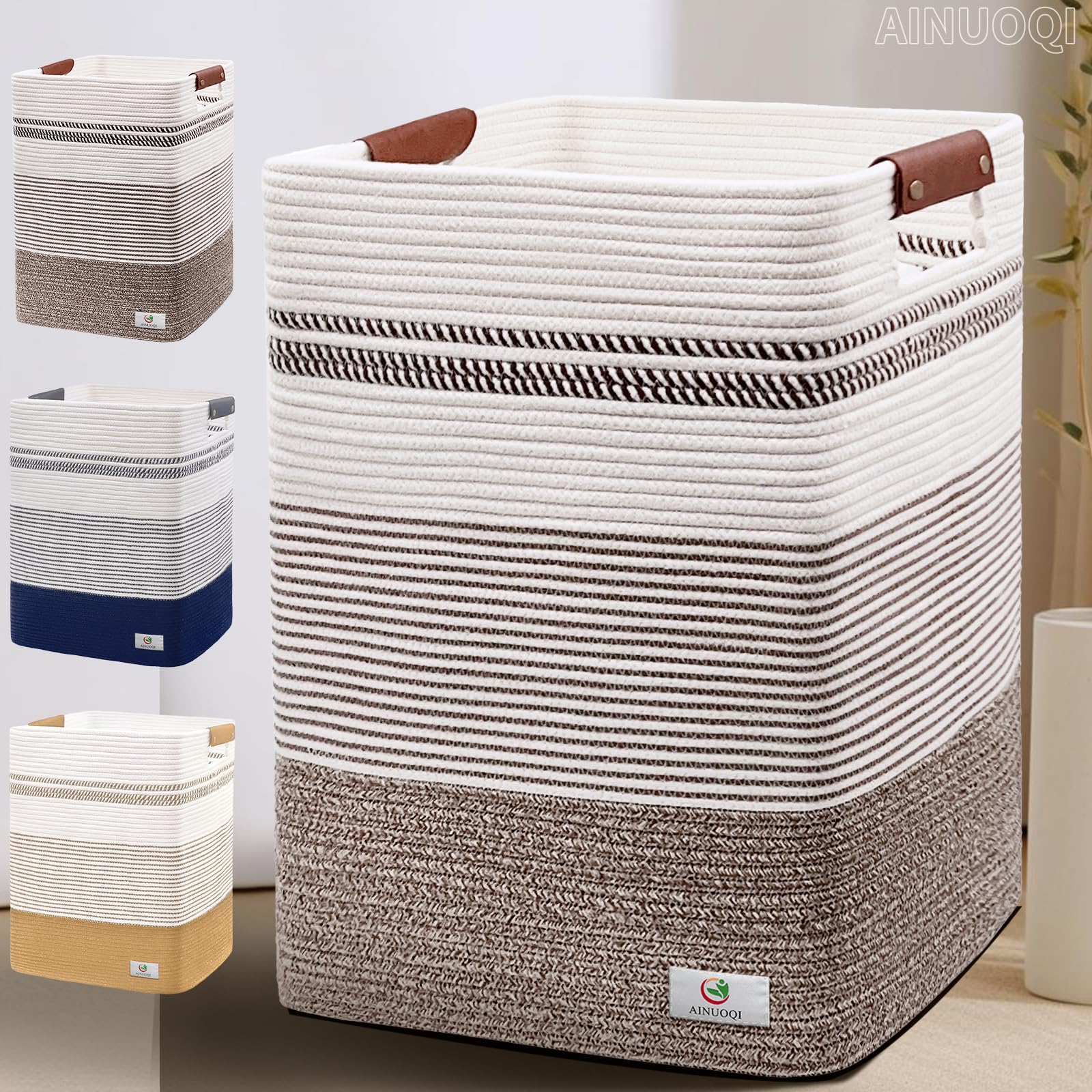 AINUOQI Laundry Hamper - Tall Woven Rope Laundry Basket - Clothes hamper with Leather Handles, 17.8 X 13.8 X 22, Blanket Storage