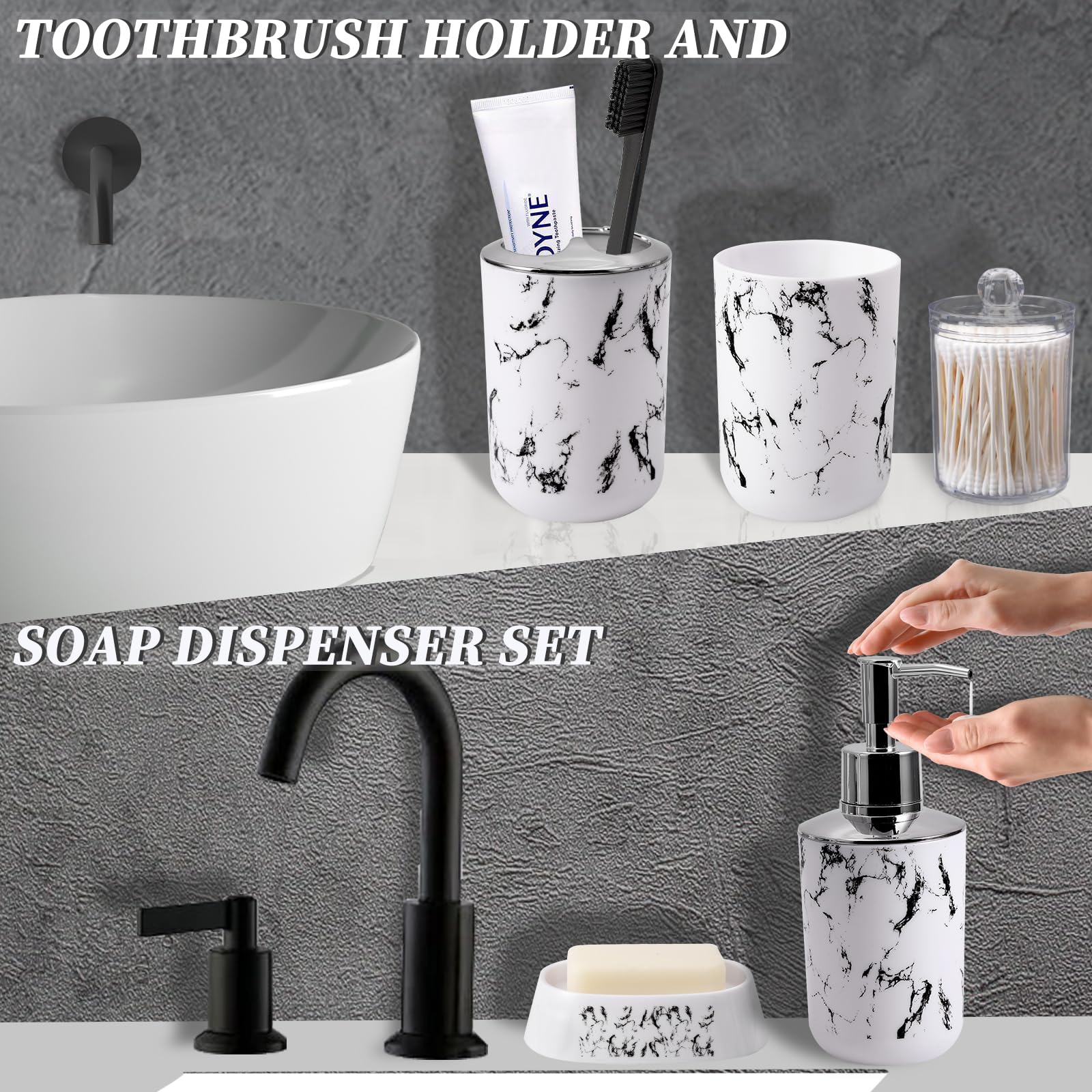 White Marble Bathroom Accessories Set, White Bathroom Set With Trash Can, Vanity Tray, Soap Dispenser, Soap Dish, Toothbrush Hol