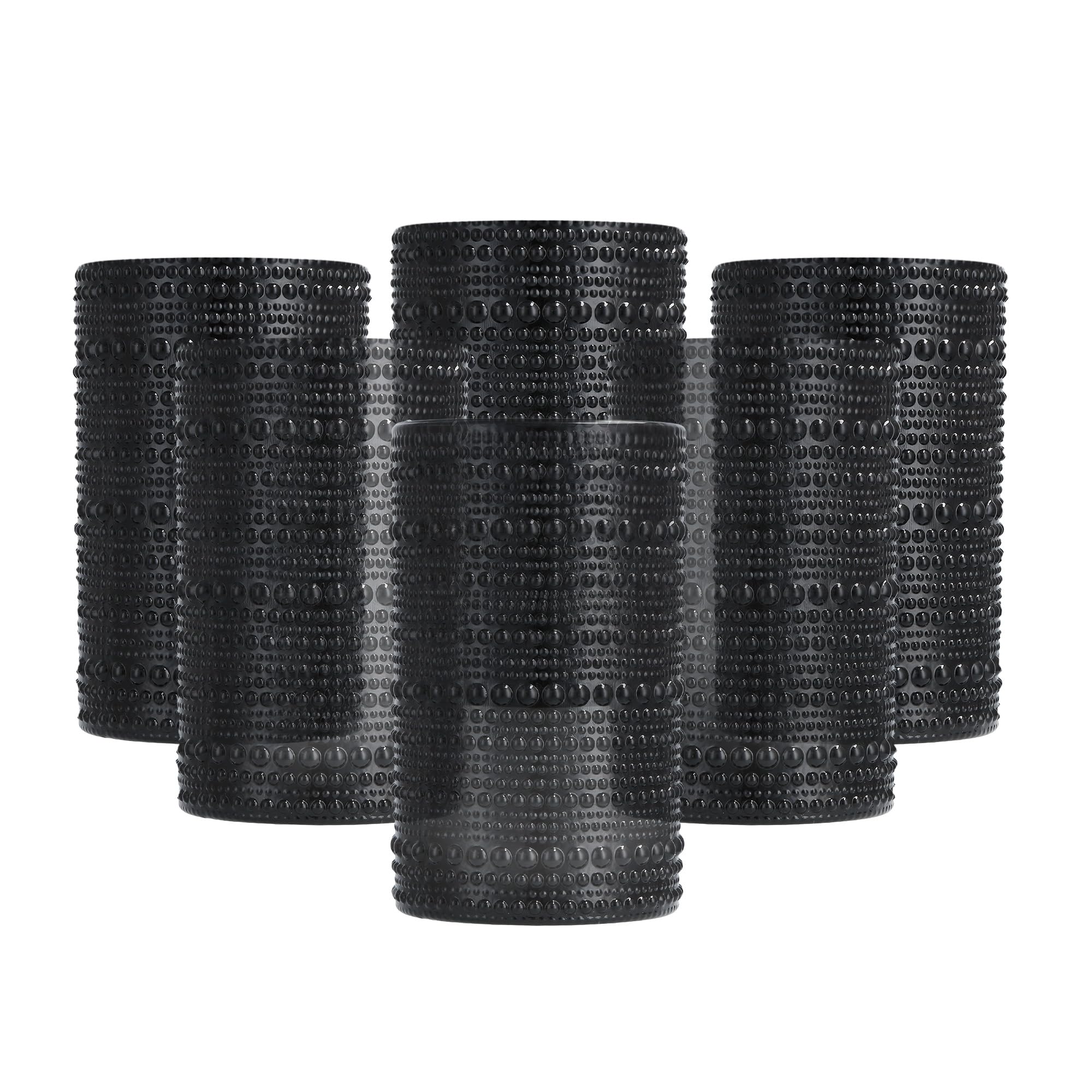 Fortessa Jupiter Beaded Hobnail Glass, 13 Ounce Iced Beverage (Set of 6), Obsidian Black