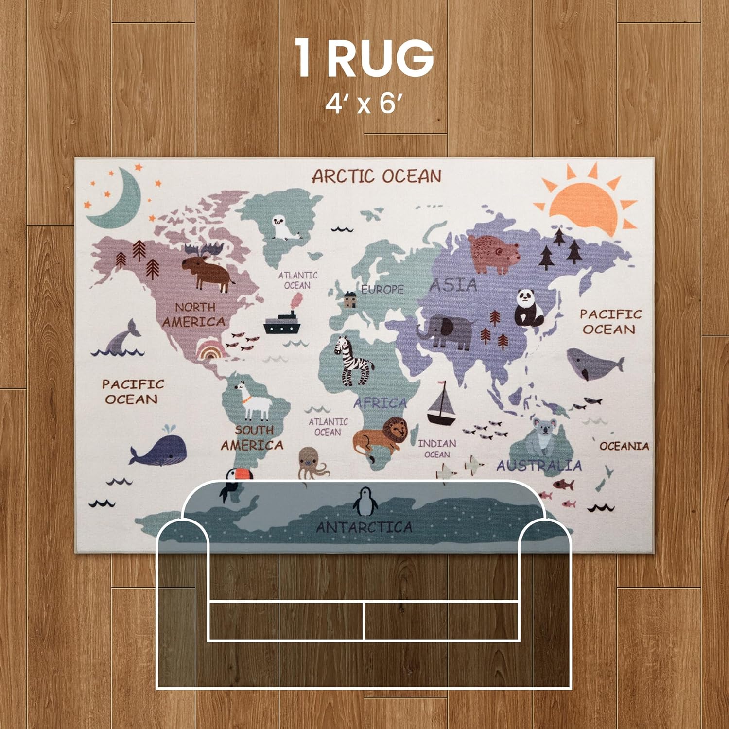 Machine Washable Non Slip Kids Rugs for Living Room & Bedroom - Animal Map