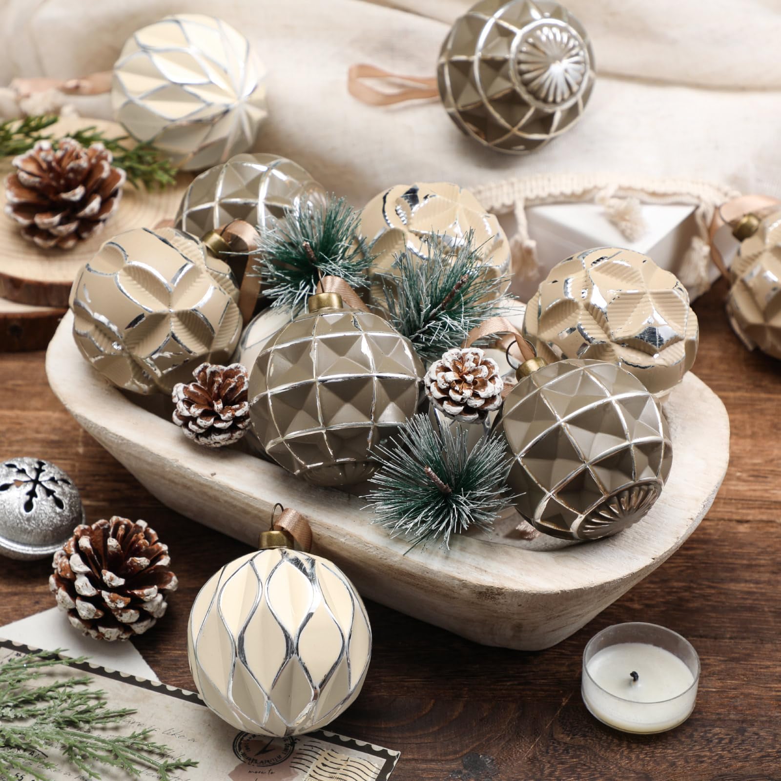 Syhood 12 Pcs Neutral Textured Christmas Ball Ornaments 2.4 Inch Vintage Boho Cream Beige Brown Xmas Bulbs Rustic Distressed Xma