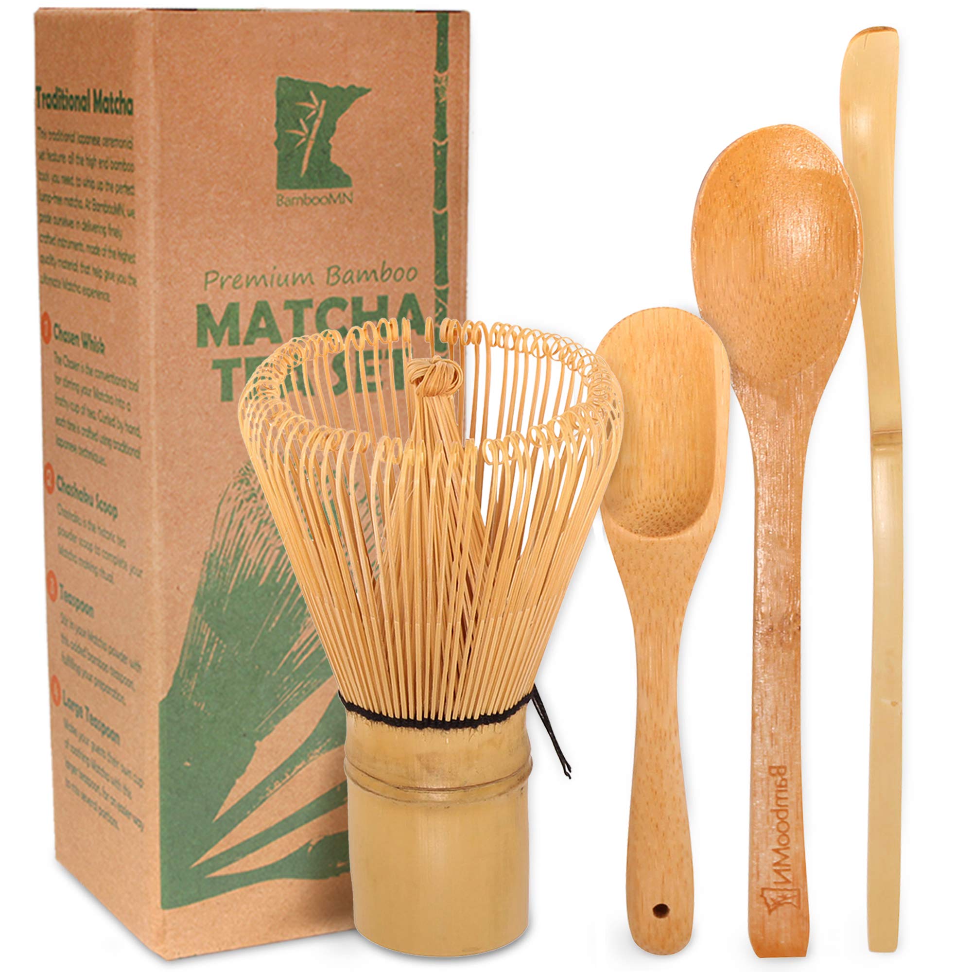 Bamboomn Matcha Whisk Set - Golden Chasen (Tea Whisk) + Chashaku (Hooked Bamboo Scoop) + Tea Spoon - 1 Set - Premium Matcha Set