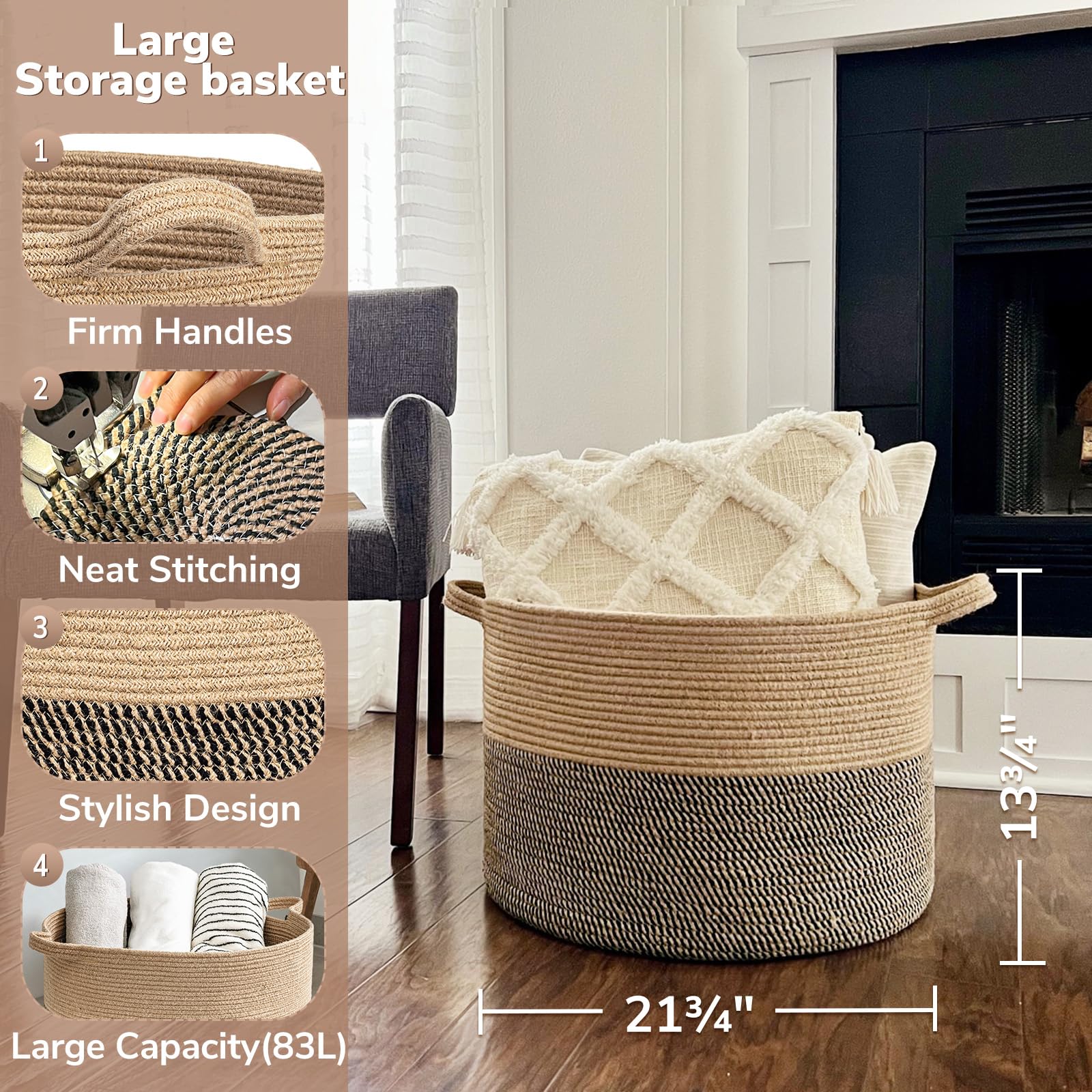Goodpick Extra Large Wicker Storage Basket, 83L Woven Blanket Storage For Living Room, Round Woven Basket For Clothes, Large Jut