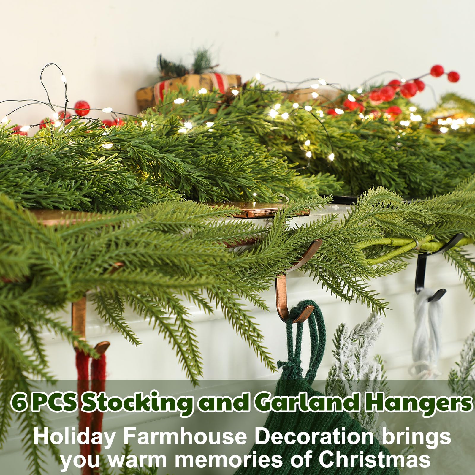 6 Pcs 2 in 1 Christmas Garland Hangers for Mantle Fireplace Stocking and Garland Hanger Two Hooks Durable Wrought Iron Metal Hol