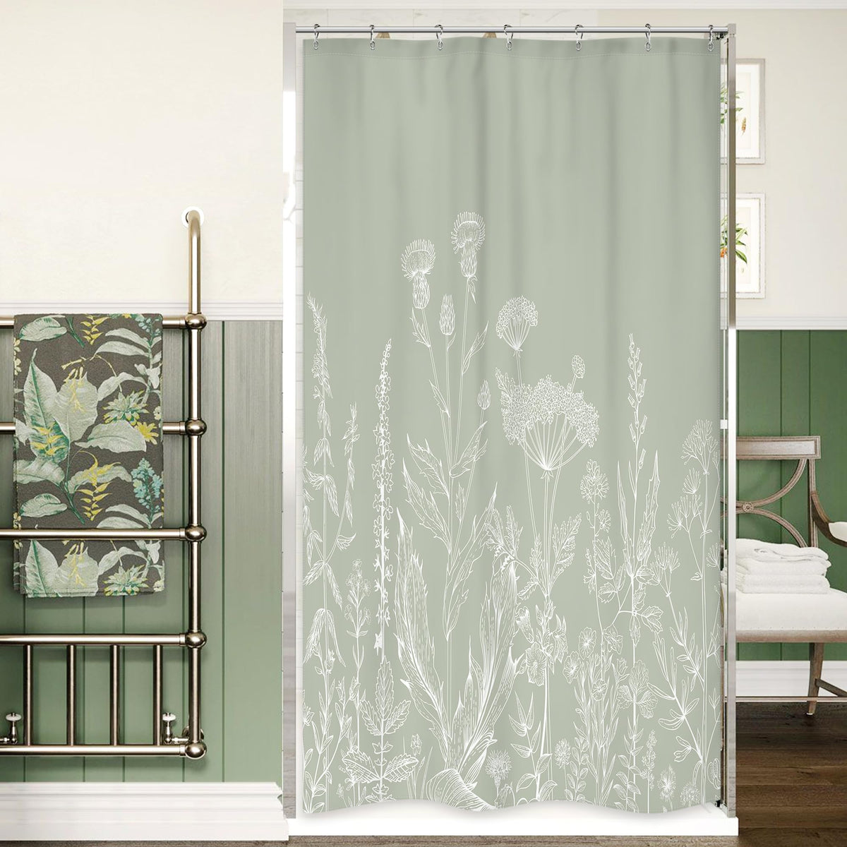 Riyidecor Sage Green Floral Wildflower Shower Curtain For Bathroom Decor 36Wx72H Nature Wildflower Botanical Herbs Country Sprin