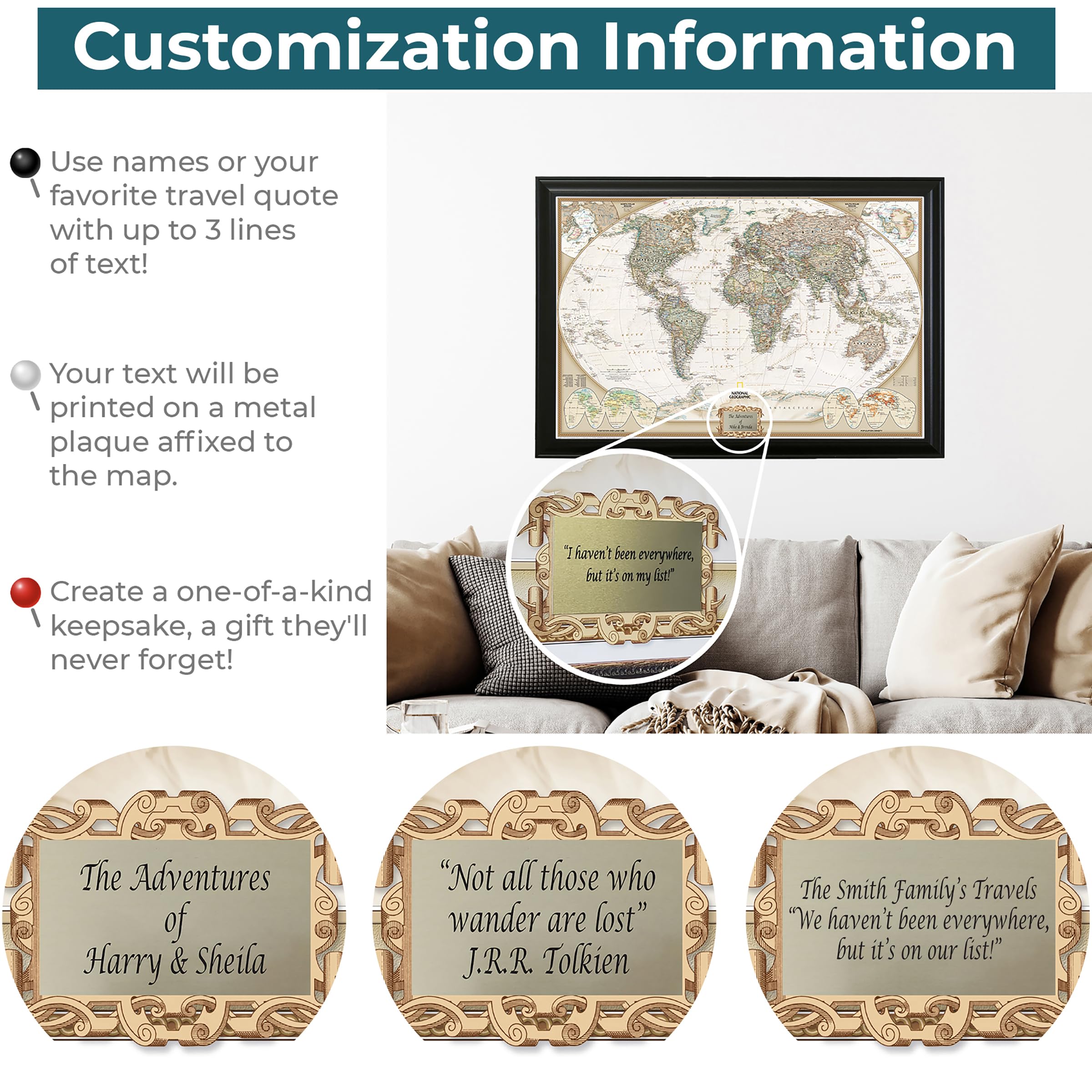 Push Pin Travel Maps Personalized Executive World With Solid Wood Brown Frame And Pins - 27.5 Inches X 39.5 Inches