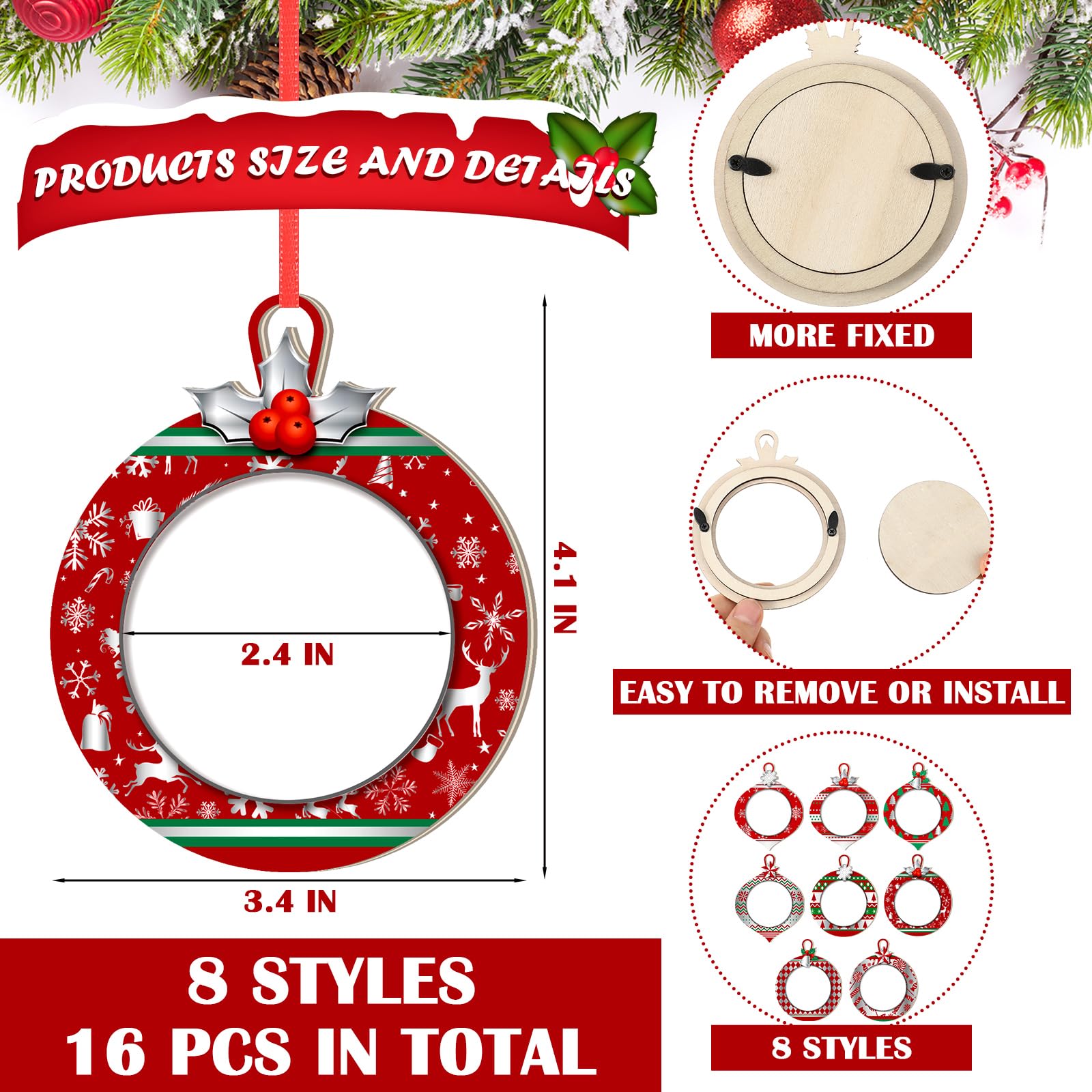 Yalikop 16 Pcs Christmas Photo Frame Ornaments Wooden Christmas Picture Frame Christmas Tree Decoration DIY Xmas Photo Frame Kee