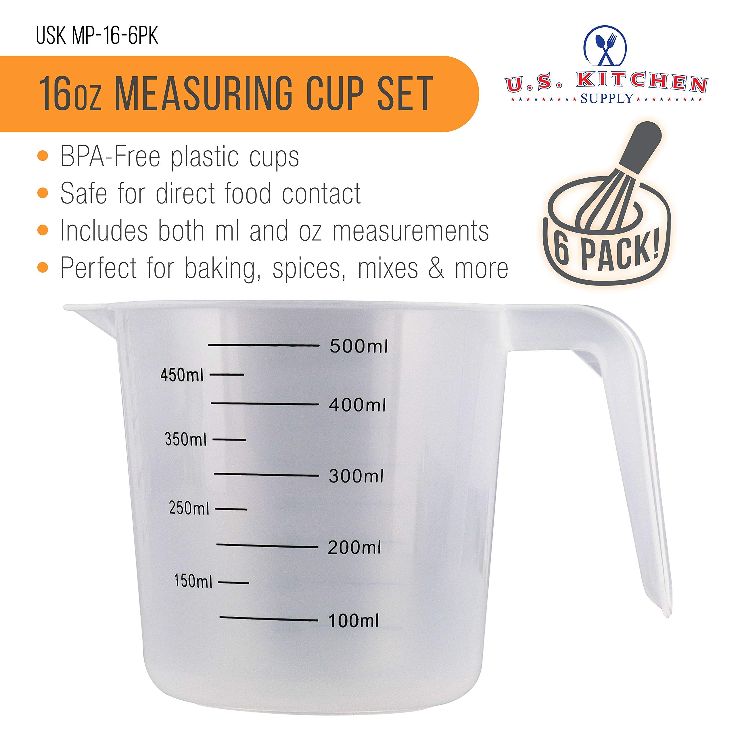 U.S. Kitchen Supply - 16 Oz (500 Ml) Plastic Graduated Measuring Cups With Pitcher Handles (Pack Of 6) - 2 Cup Capacity, Ounce A