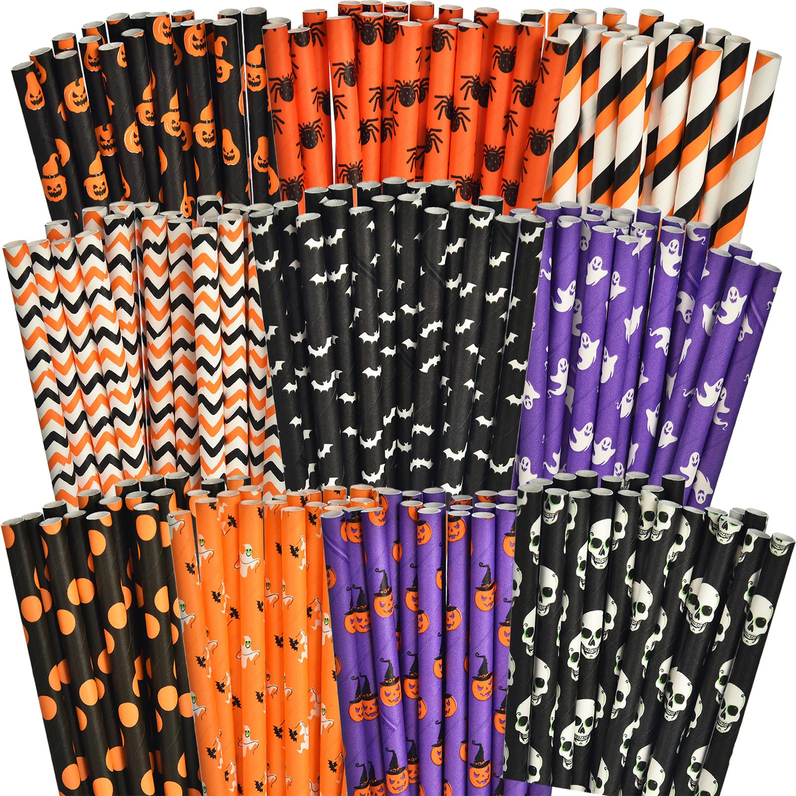 ALINK 200 Counts Halloween Paper Straws  10 Styles Black Orange Purple Biodegradable Party Drinking Straws with Stripe  Wave  Dots  Skull Head  Ghost  Bats  Pumpkin  Spider Design