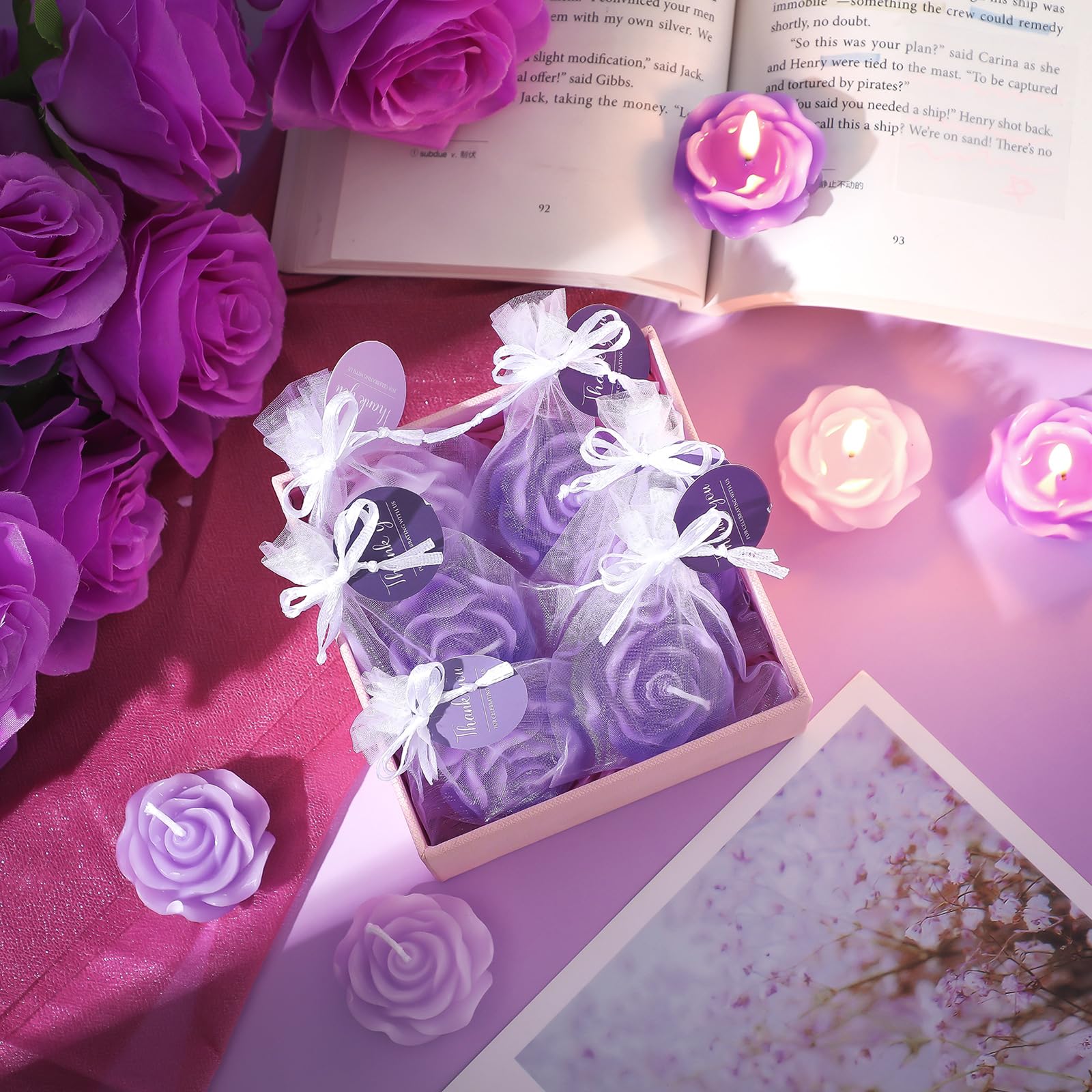 Treela 24 Set Flower Candles Wedding Favor for Guests Mini Purple Rose Shaped Tealight Candles for Return Gift Wedding Birthday