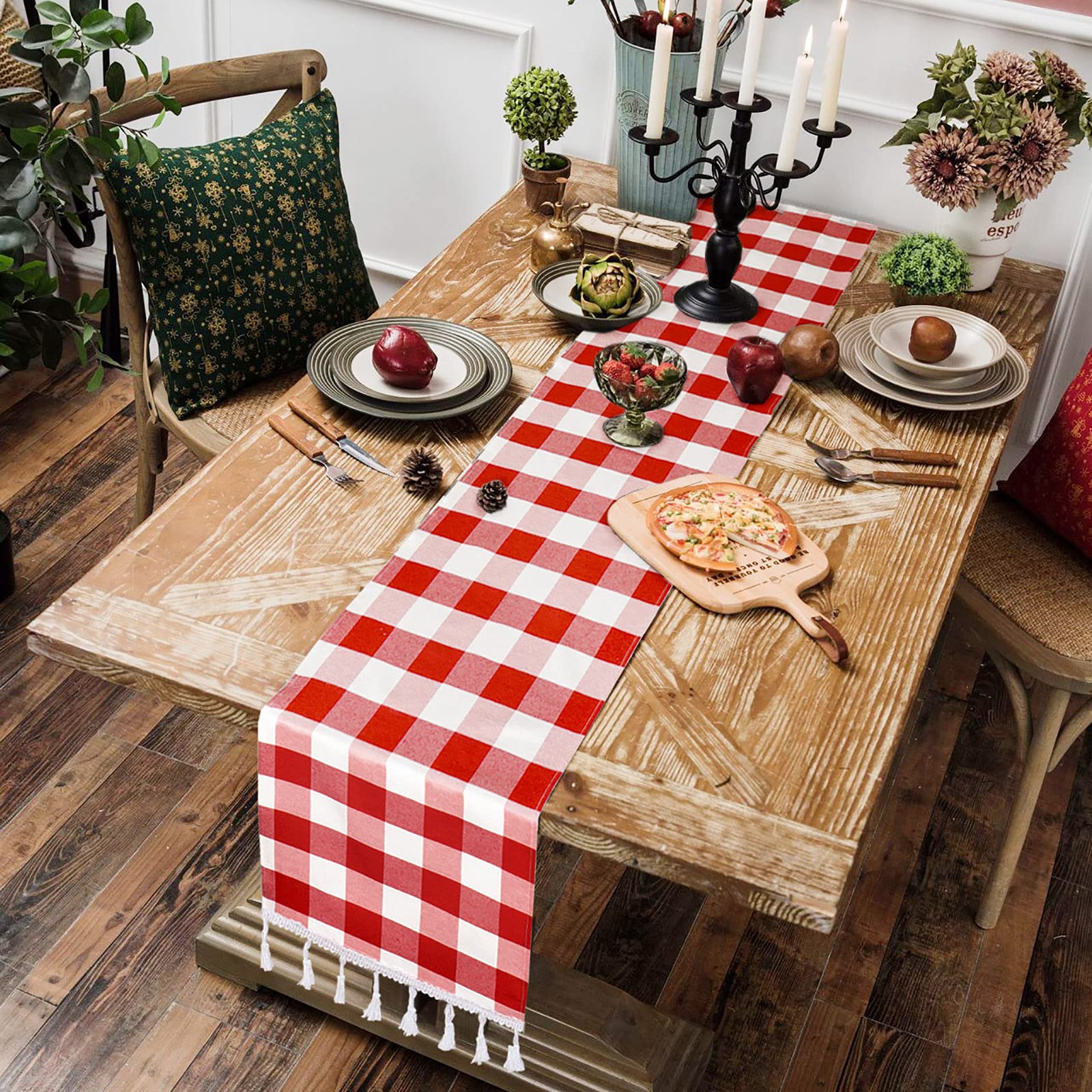 Duobao Buffalo Plaid Table Runner 14X108-Inches Red And White Checkered Tables Runners With Tassel Christmas Decoration Gingham