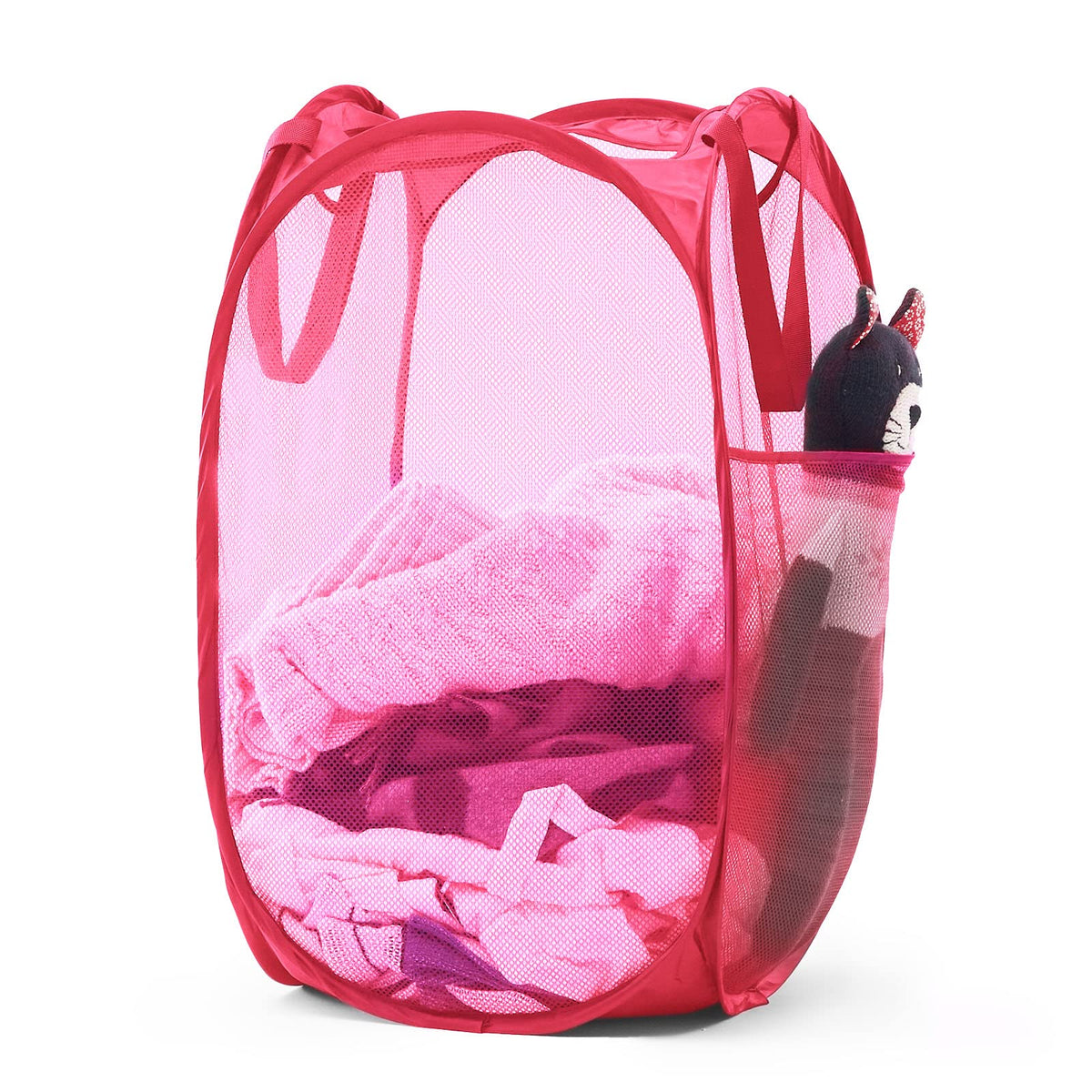 Mesh Pop Up Laundry Hamper With Durable Handles - Portable Collapsible Clothes Baskets For Dorm, Bathroom & Travel (Pink)