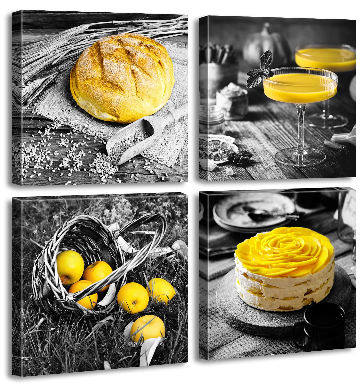 Djsylife Kitchen Wall Decor Black And White Yellow Wall Art Bread Cake Fruit Picture Canvas Print Paintings For Cafe Dining Room