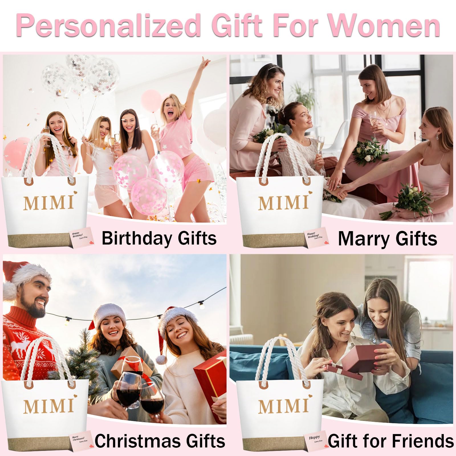 GhvyenntteS Mimi Gifts, Birthday Gifts for Mimi, Mimi Bag with Zipper, Personalized Beach Tote Bag - Perfect for Birthday, Mothe