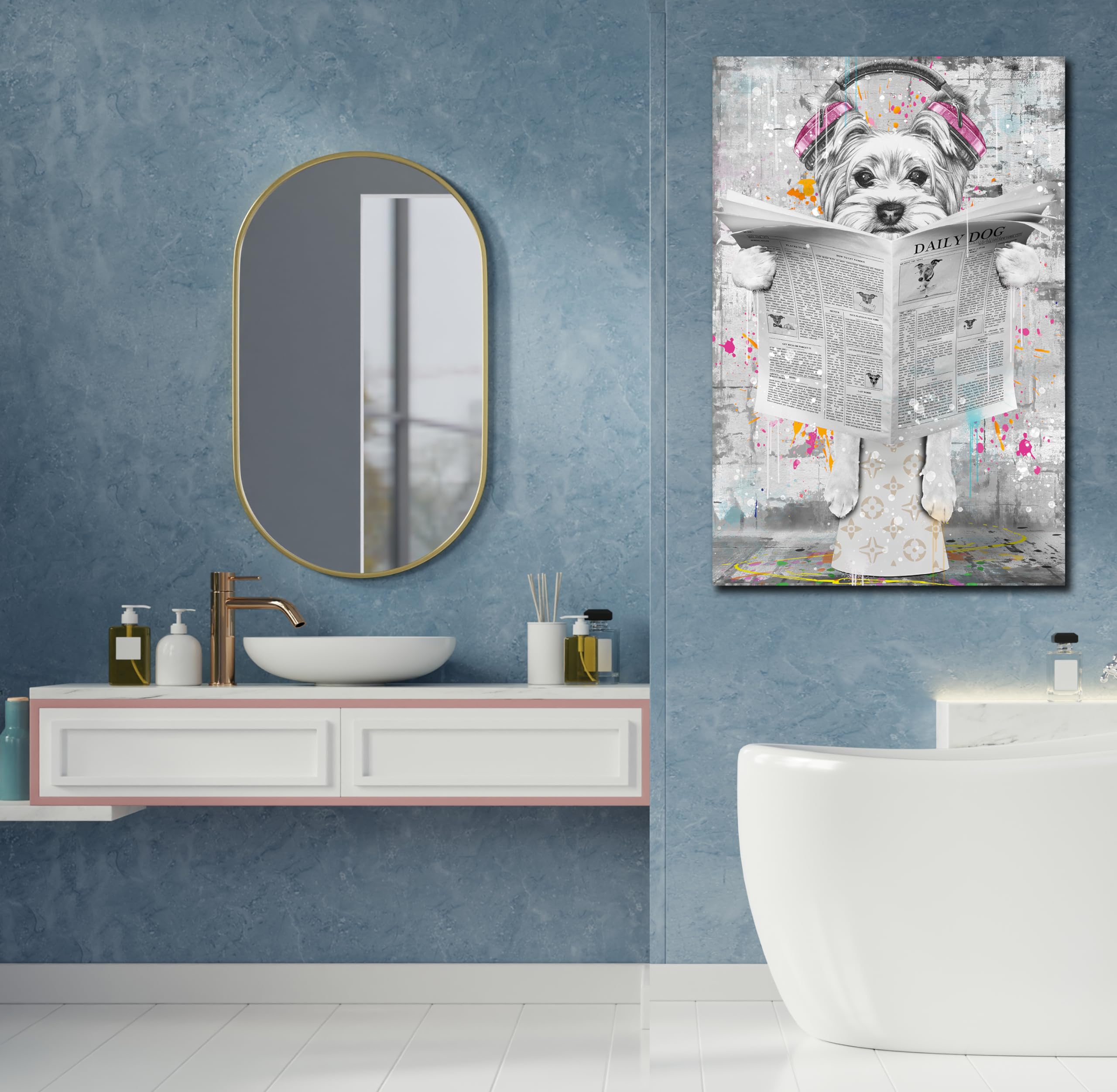Entanub Bathroom Decor Wall Art, Black And White Graffiti Dog Canvas Print Painting, Funny Animal Picture For Bedroom, Size 24X3